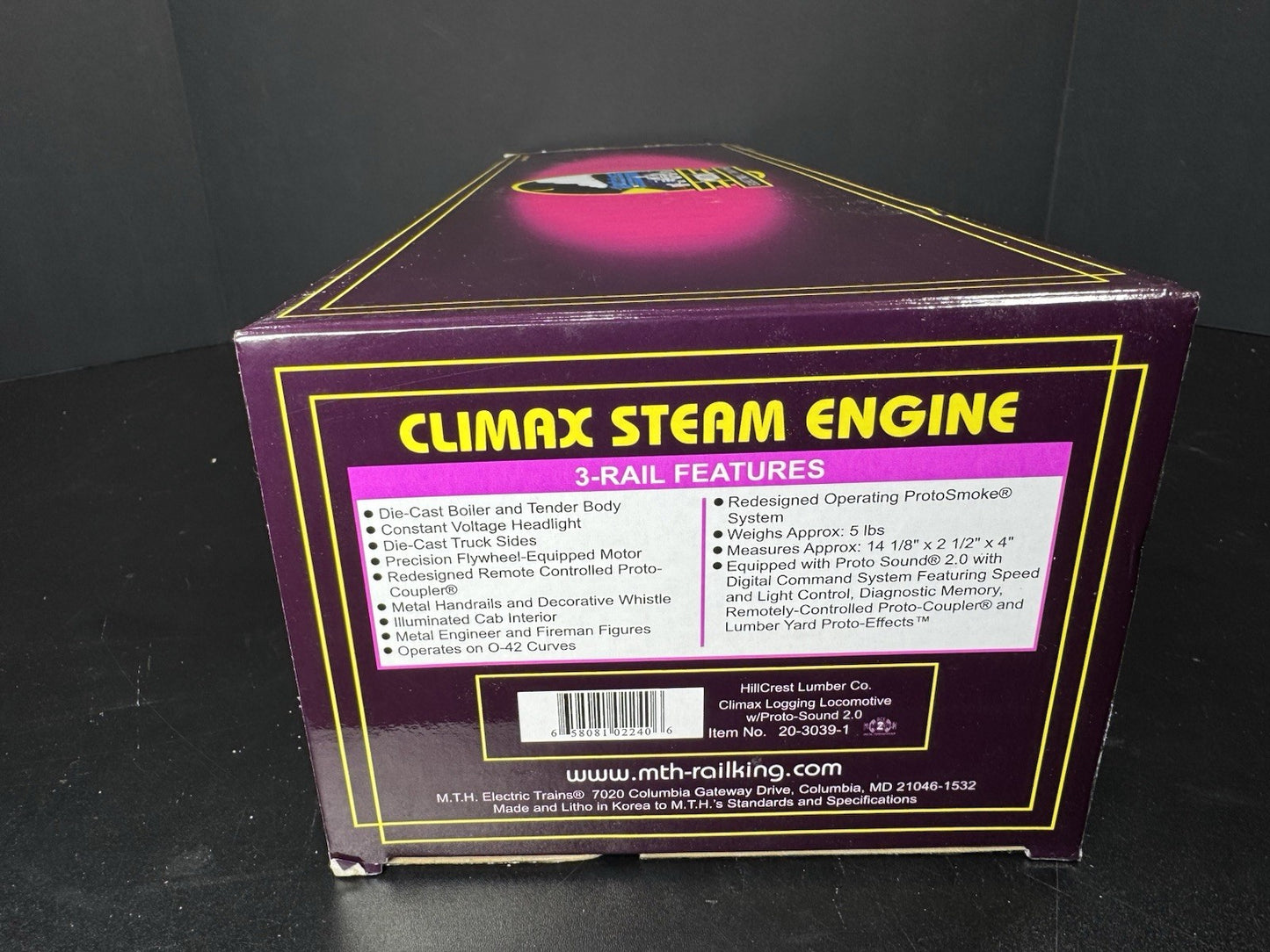 MTH 20-3039-1 HIllcrest Lumber Clmax logging steam engine #10 PS2 BCR LNIB16