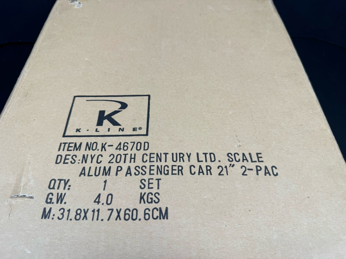 K-Line K-4670D NYC 20th Century Limited 21" aluminum passenger 2-car set NIB5
