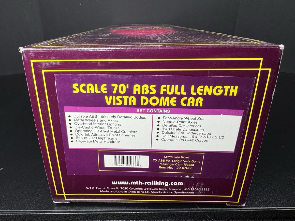 MTH 20-67025 Milwaukee Road 70' full-length vista dome passenger car LNIB13