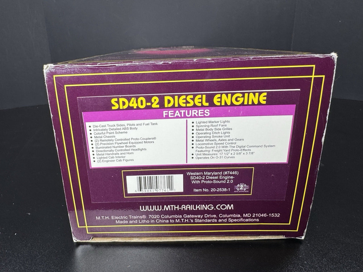 MTH 20-2538-1 Western Maryland WM SD40-2 diesel engine #7446 PS2 BCR LNIB17