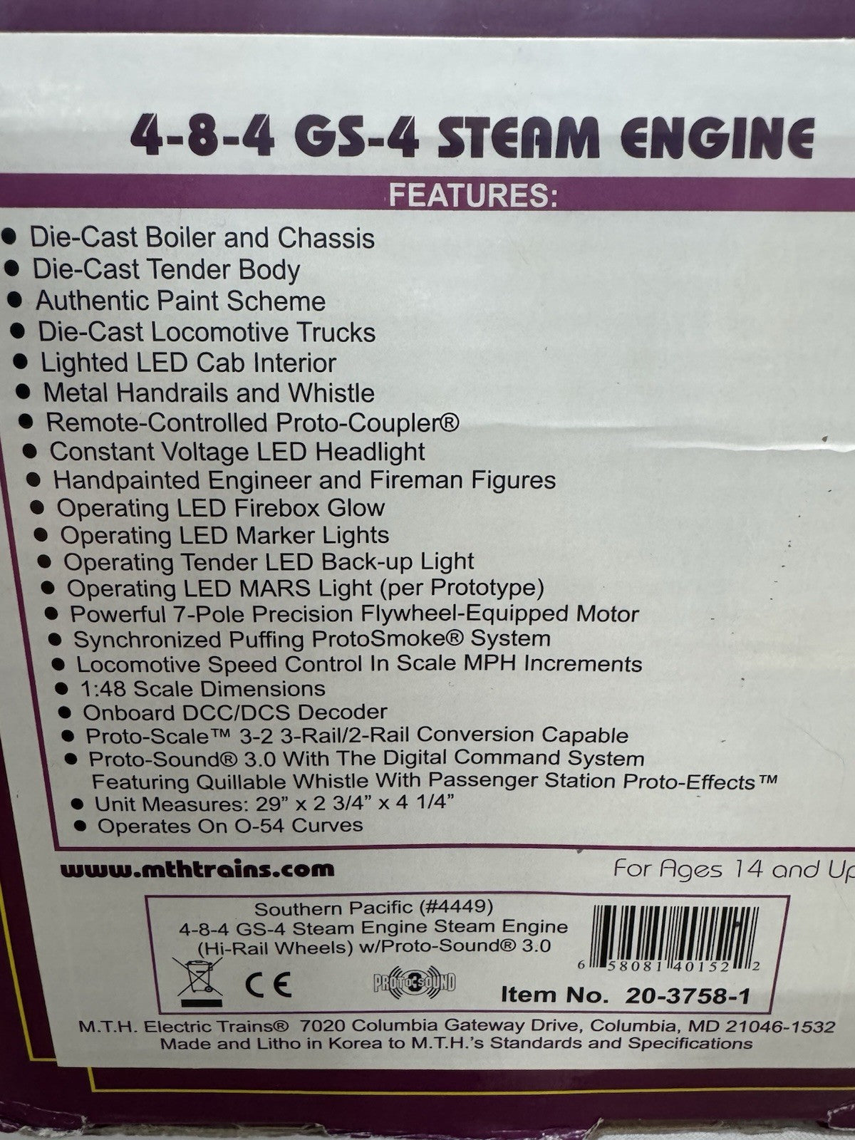 MTH 20-3758-1 SP daylight GS-4 steam engine w Christmas LED lights #4449 PS3 LN14