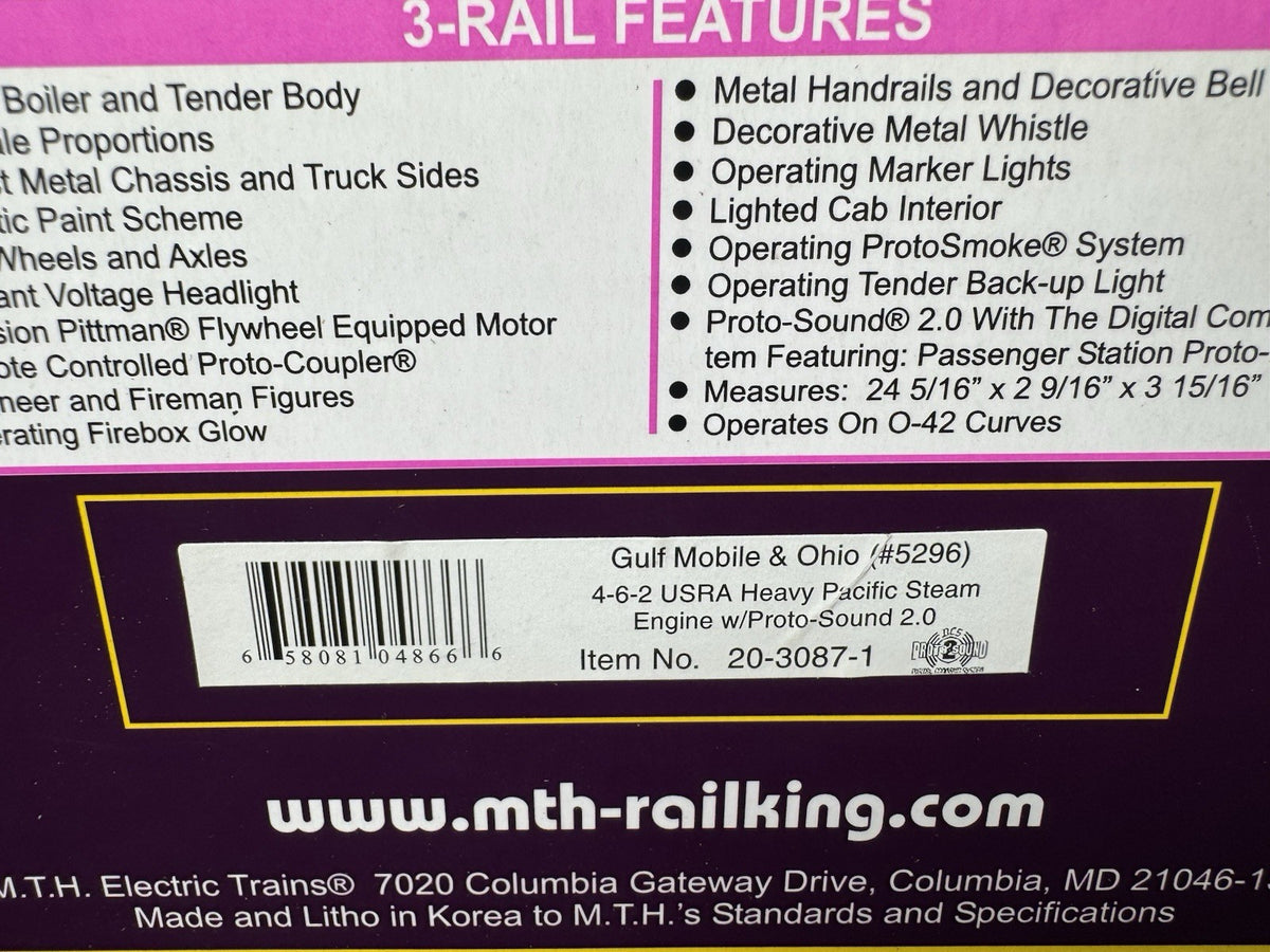 MTH 20-3087-1 GM&O 4-6-2 USRA Heavy Pacific steam engine #5296 PS2 BCR LNIB15