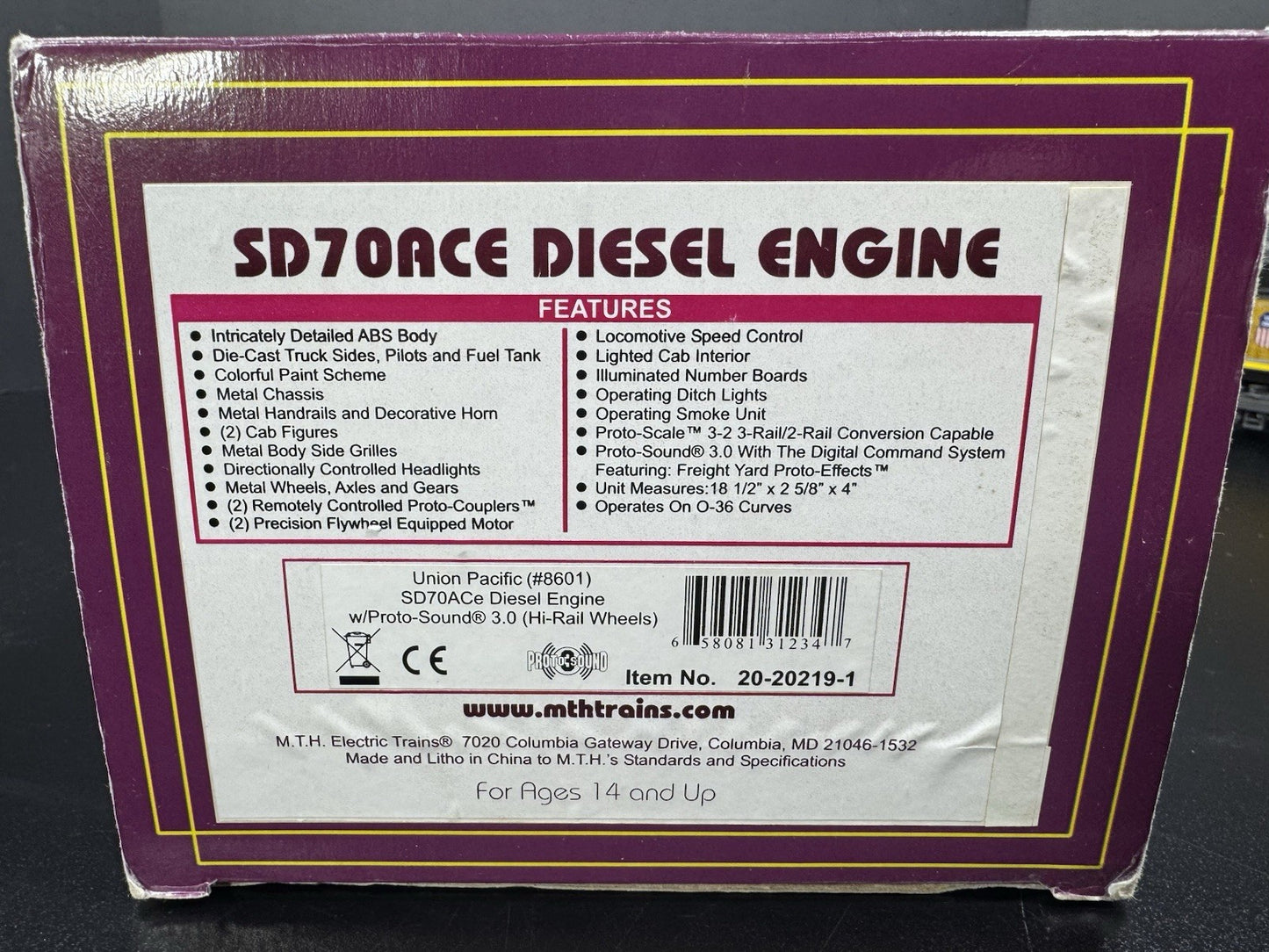 MTH 20-20219-1 Union Pacific UP flag SD70ACe diesel engine #8601 PS3 EX16