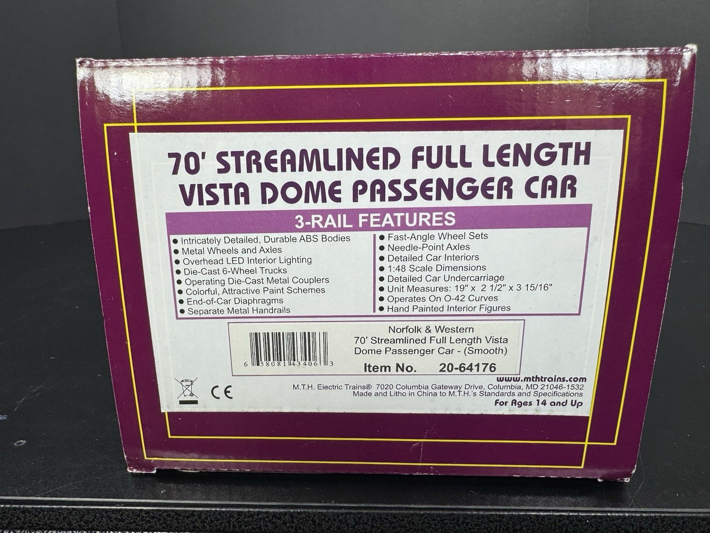 MTH 20-64176 Norfolk & Western N&W 70' full-length vista dome passenger car LNIB15