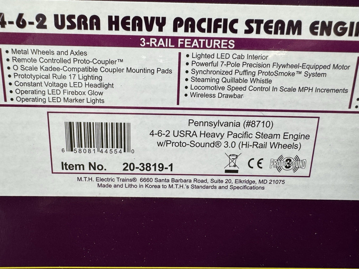 MTH 20-3819-1 Pennsylvania PRR 4-6-2 Heavy Pacific steam engine #8710 PS3 NIB16