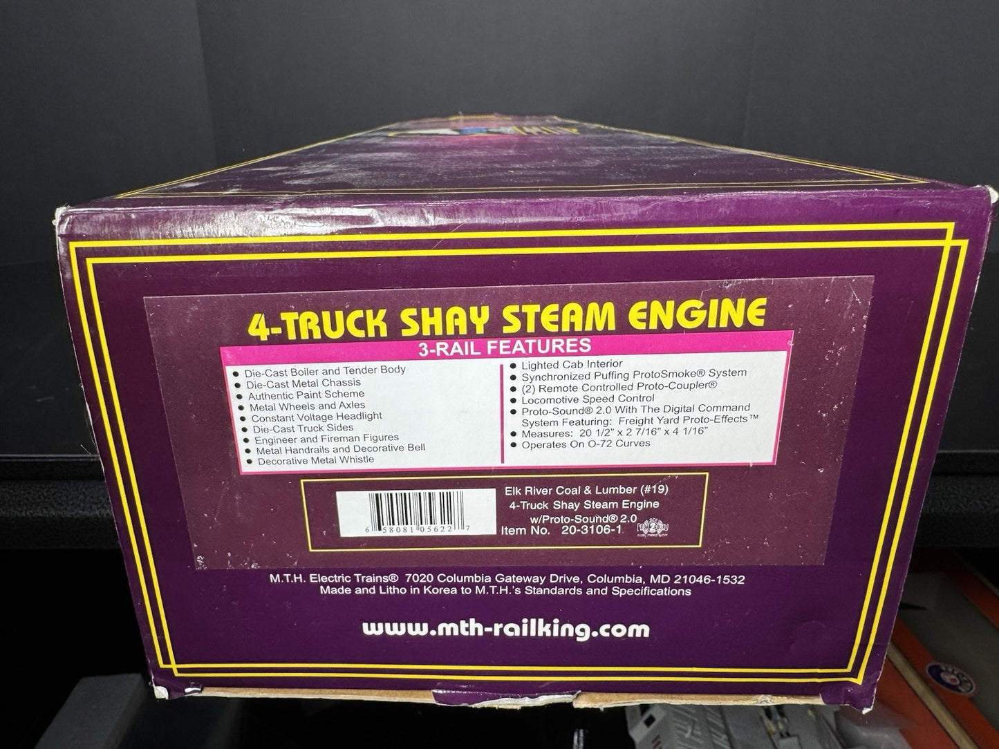 MTH 20-3106-1 Elk River Coal & Lumber 4-truck Shay steam engine #19 PS2 BCR LNIB17