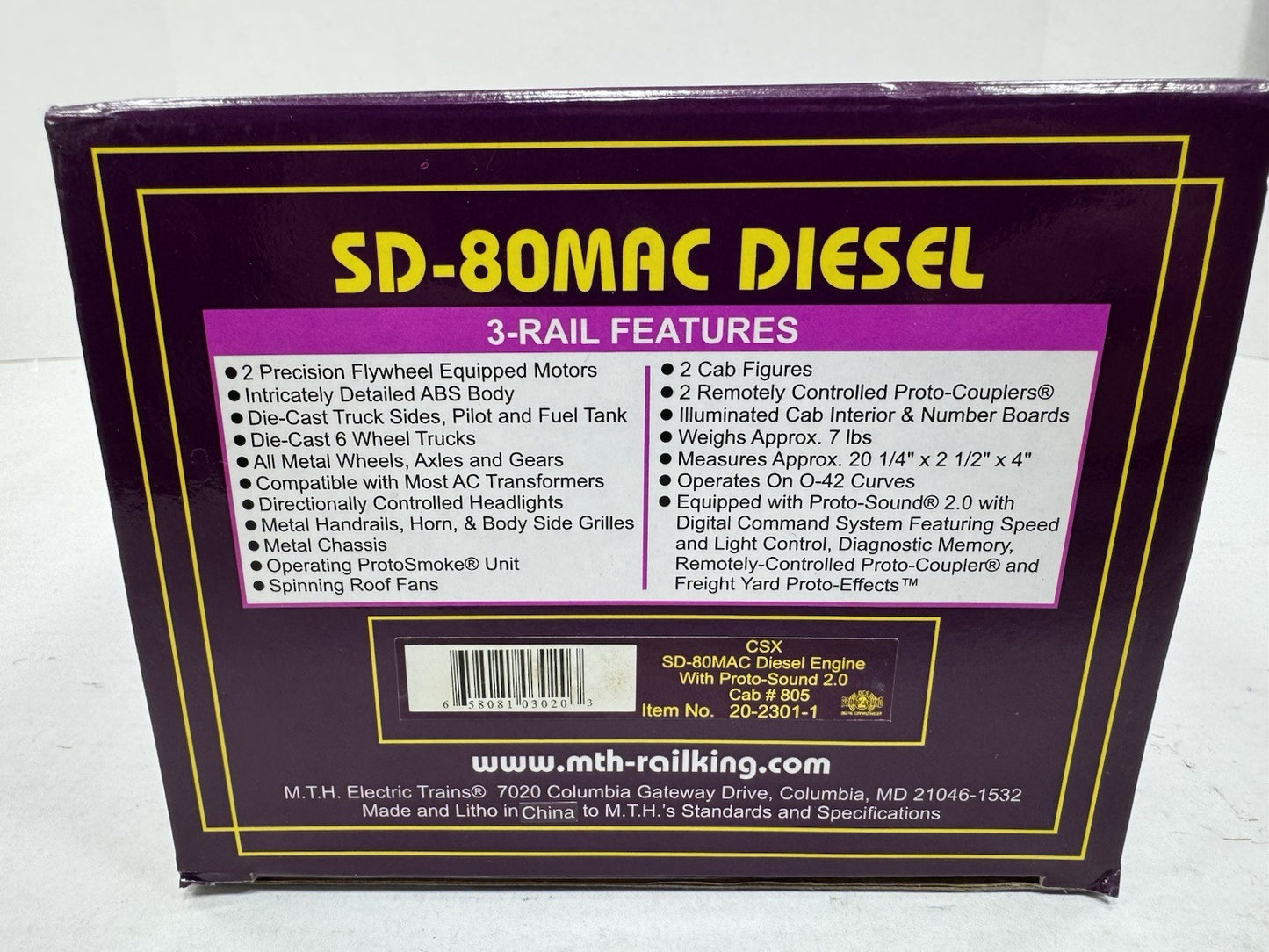 MTH 20-2301-1 CSX SD-80MAC diesel engine #805 PS 2.0 BCR LNIB16