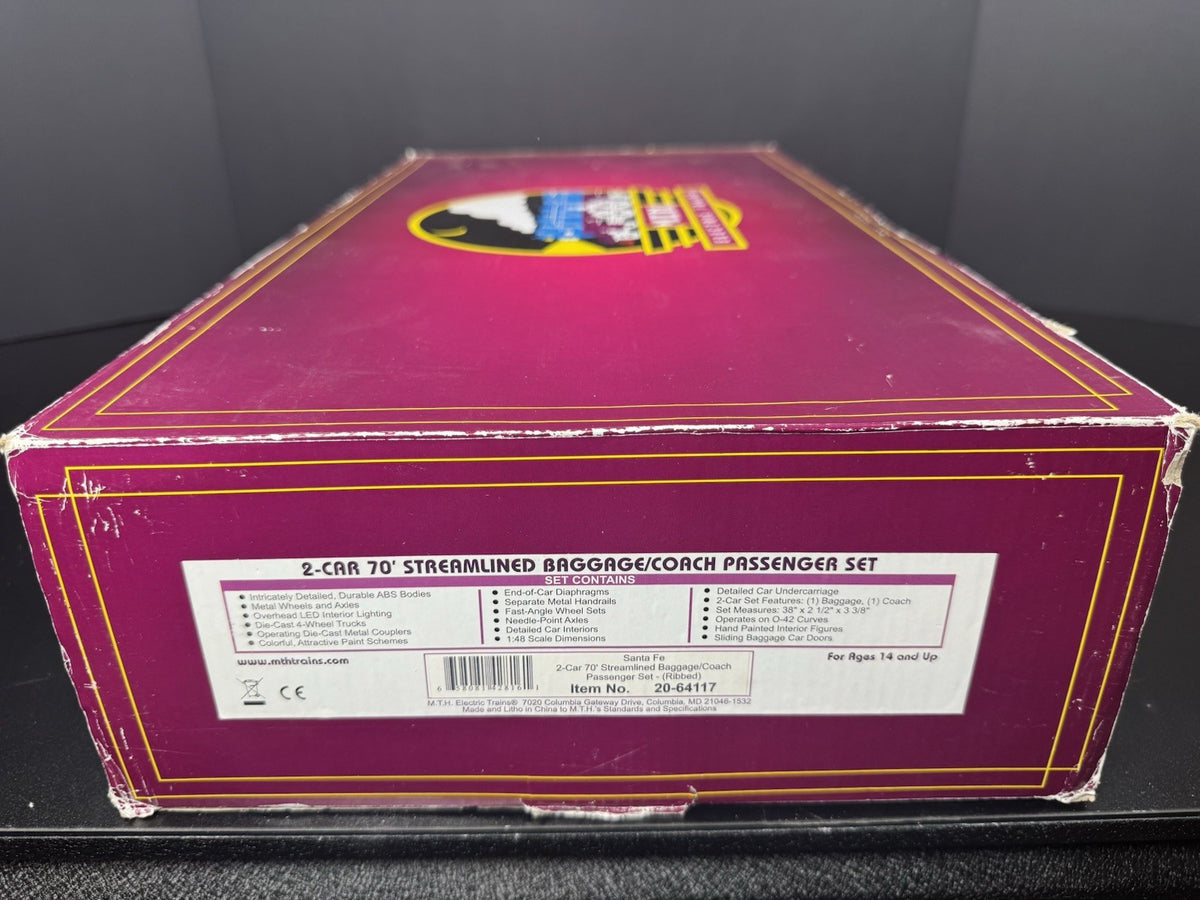 MTH 20-64117 Santa Fe plated 70' streamlined baggage coach 2-car set EX7