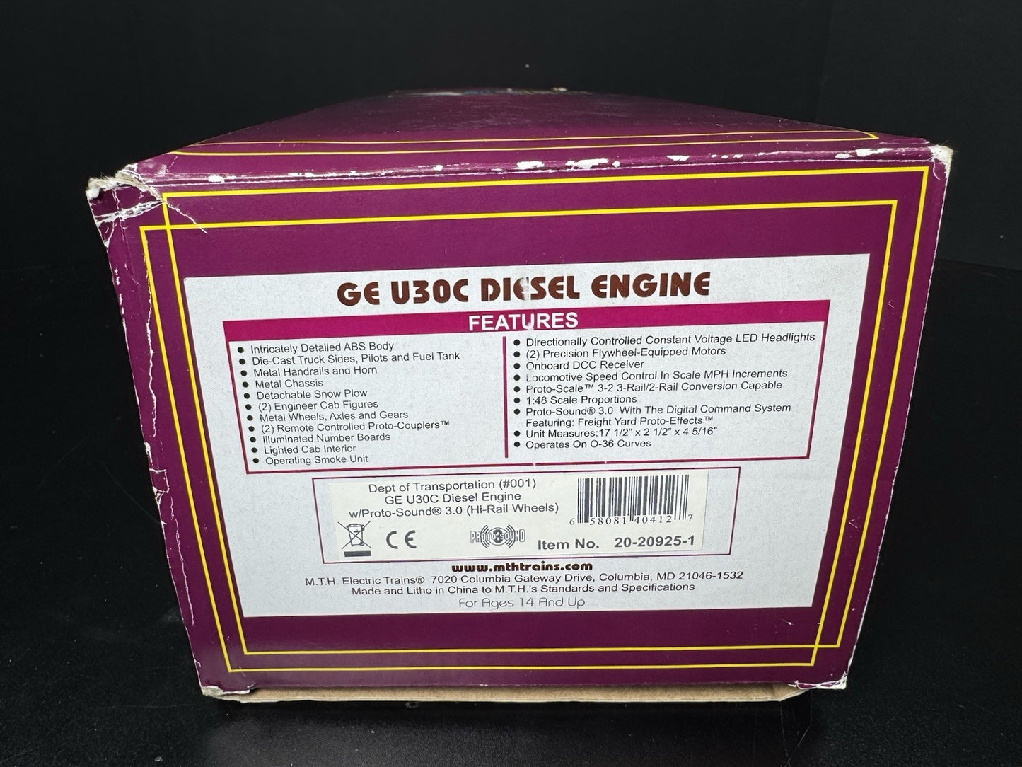 MTH 20-20925-1 U.S. Dept of Transportation U30C diesel engine #001 PS3 LNIB17