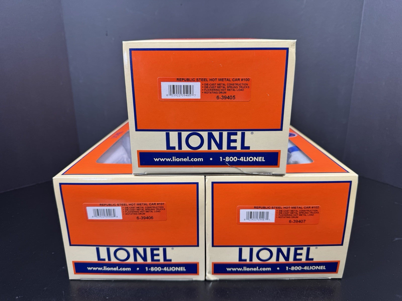 Lionel 6-39404 Republic Steel hot metal car w flickering load 3-pack LNIB10