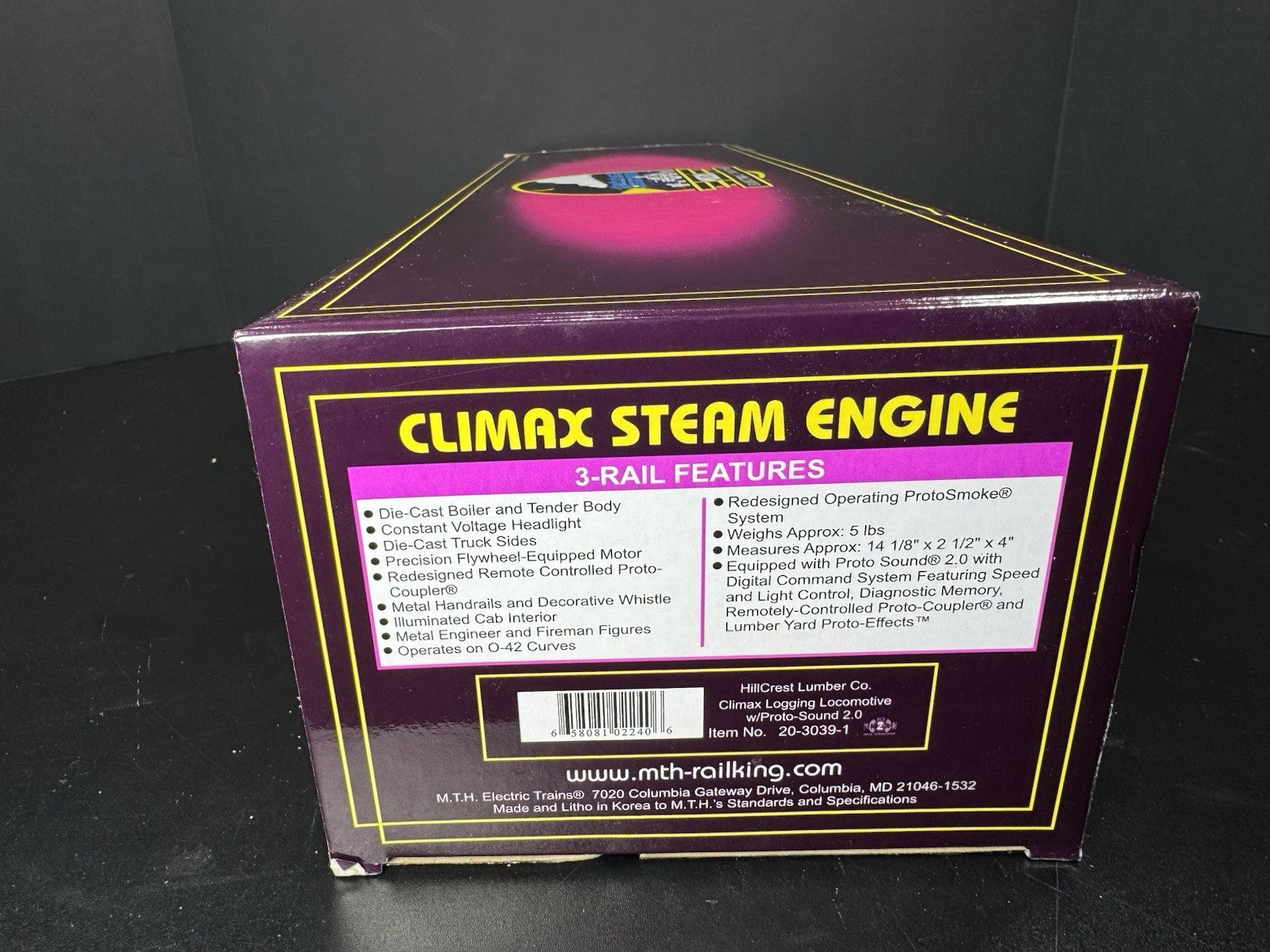 MTH 20-3039-1 HIllcrest Lumber Clmax logging steam engine #10 PS2 BCR LNIB16