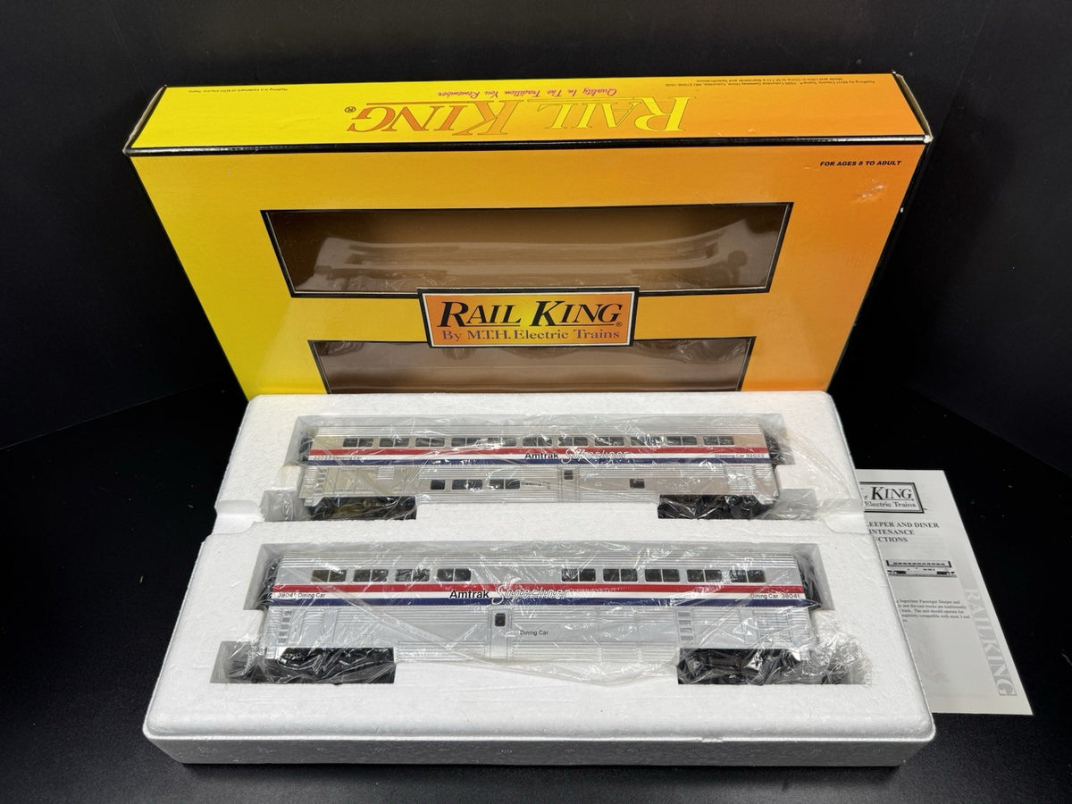 MTH RailKing 30-6501 Amtrak Superliner sleeper diner 2-pack #32023 #38041 LNIB0