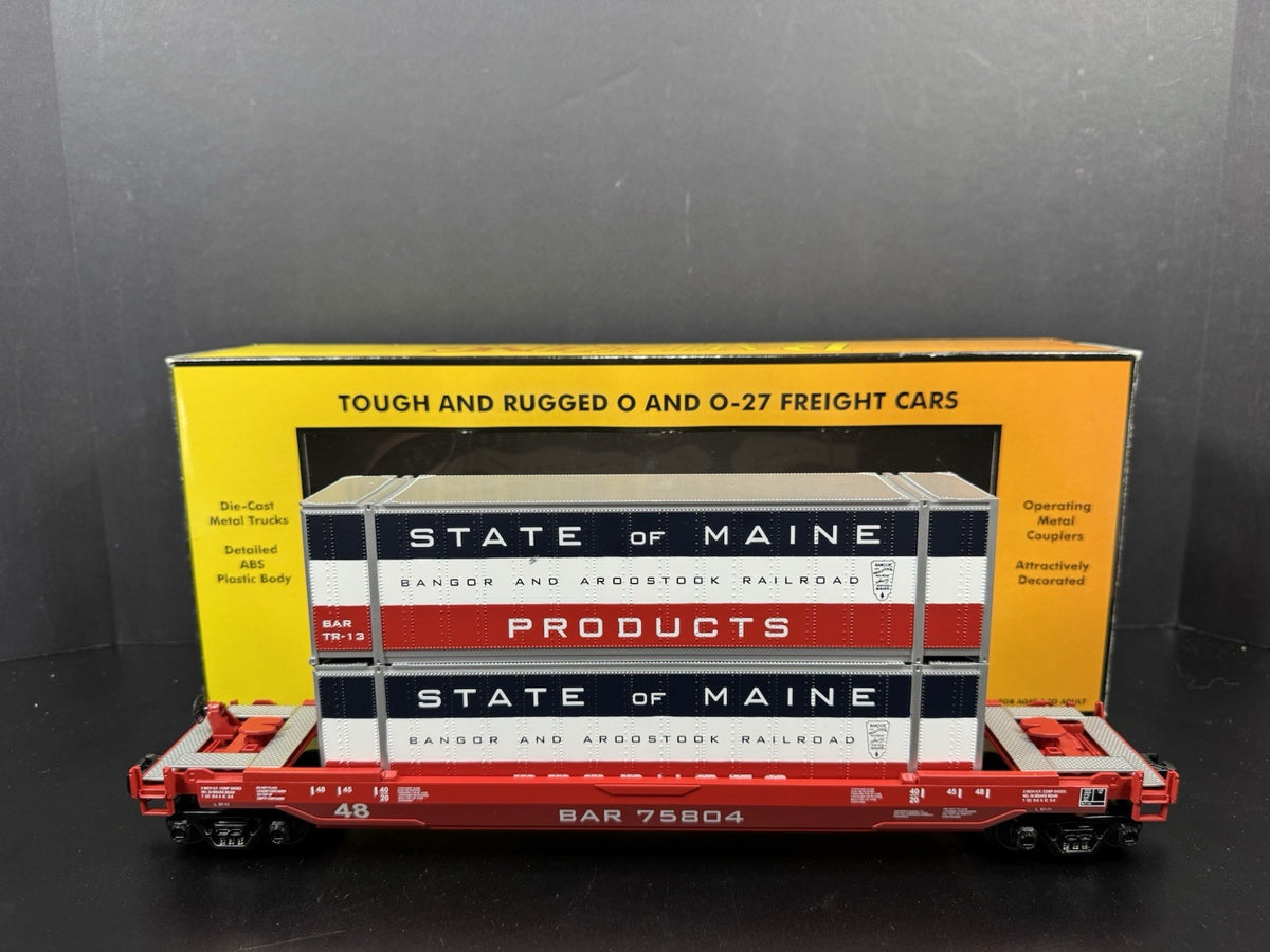 MTH RailKing 30-76135 BAR State of Maine husky stack car w containers LNIB3