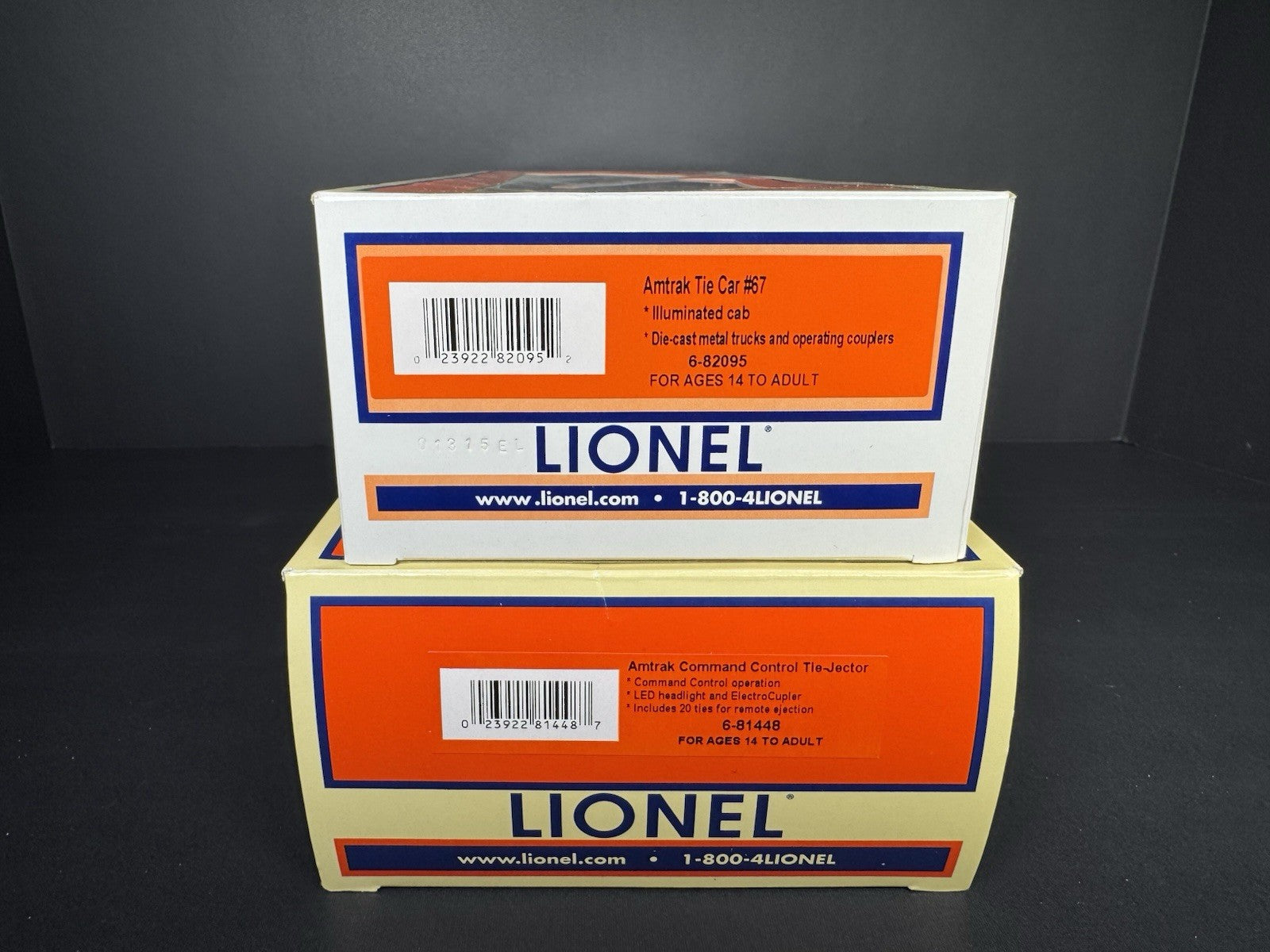 Lionel  6-81448 6-82095 Amtrak command control tie-jector & tie work car LNIB4