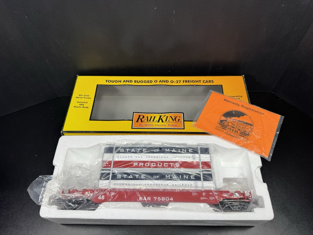 MTH RailKing 30-76135 BAR State of Maine husky stack car w containers LNIB8