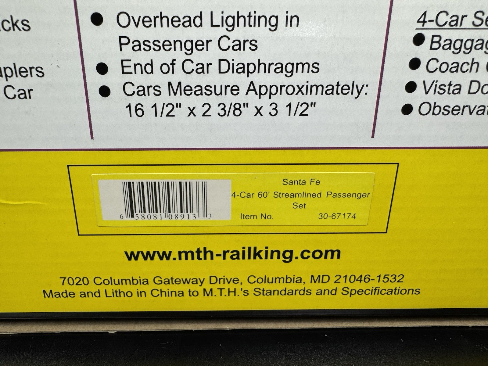 MTH RailKing 30-67174 Santa FE 60' streamlined passenger 4-car set LNIB8