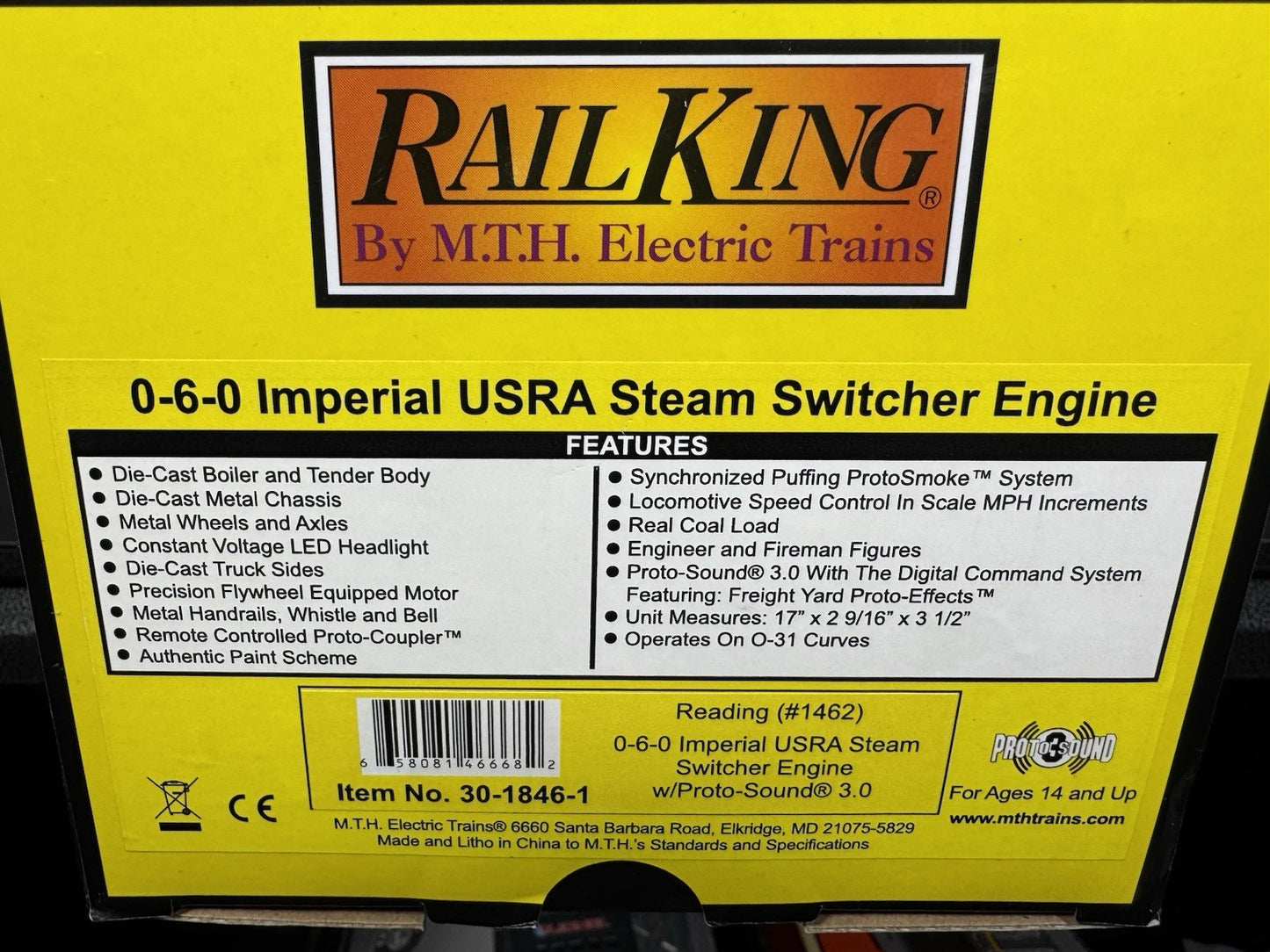 MTH RailKing 30-1846-1 Reading 0-6-0 steam switcher engine #1462 PS3 LNIB16