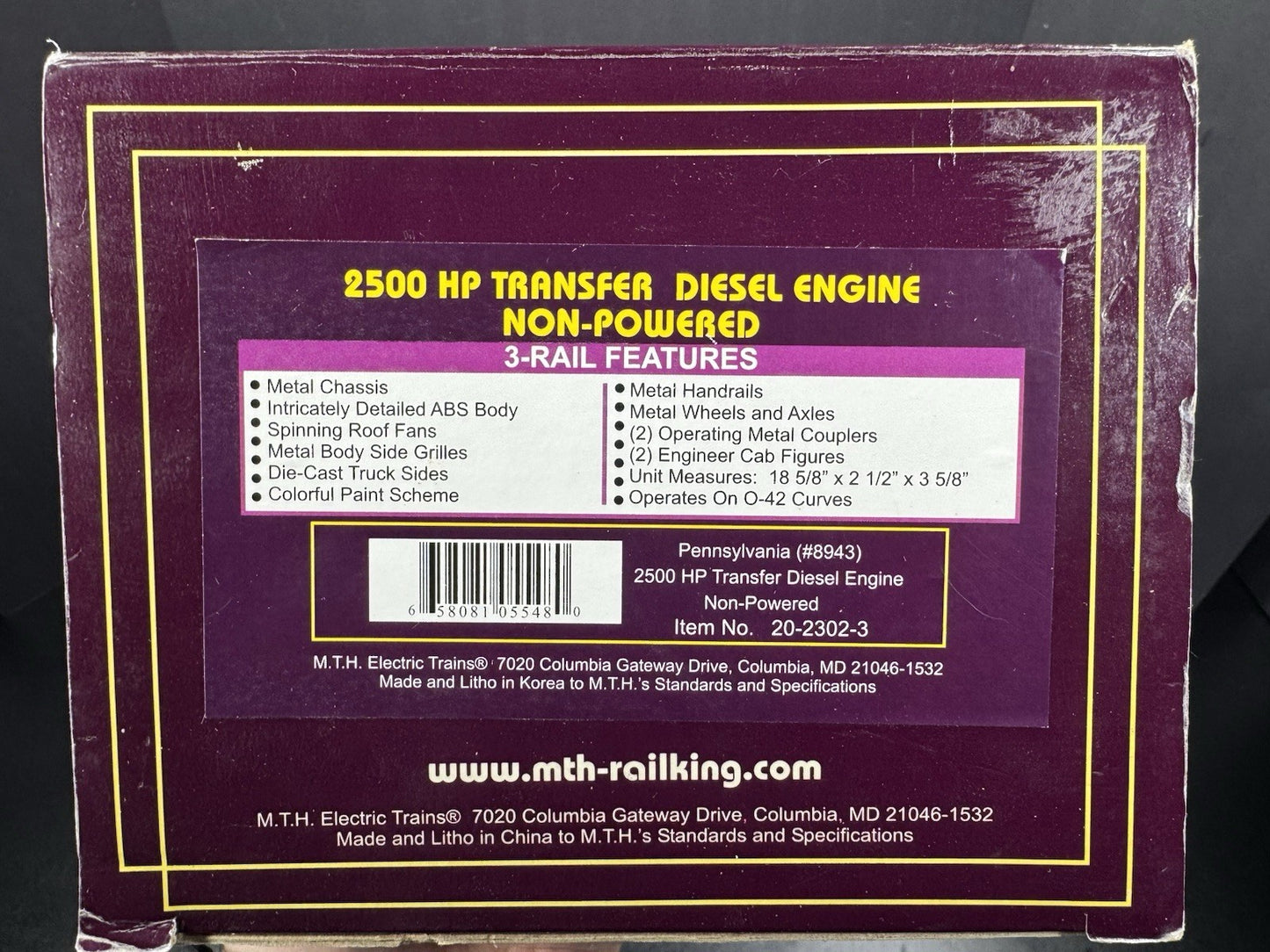 MTH 20-2302-3 Pennsylvania 2500 HP transfer nonpowered diesel engine #8943 NIB14