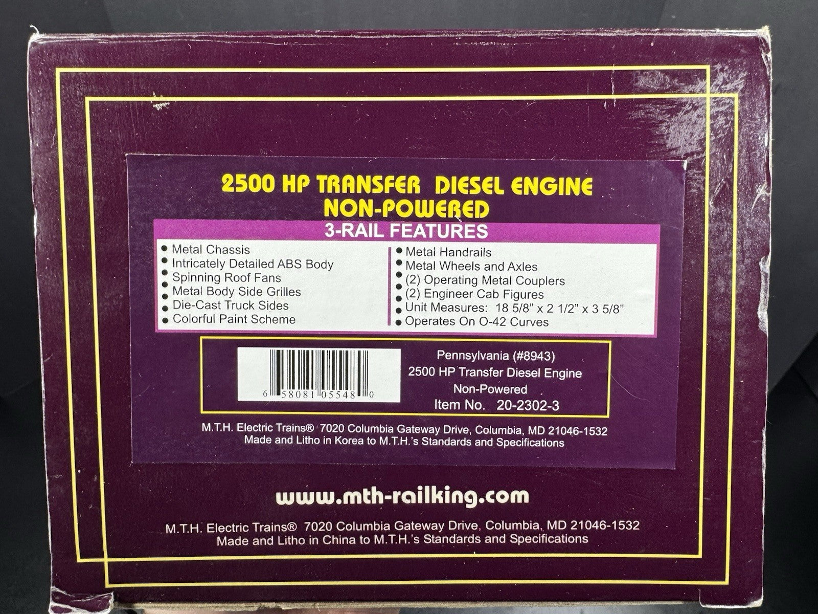 MTH 20-2302-3 Pennsylvania 2500 HP transfer nonpowered diesel engine #8943 NIB14