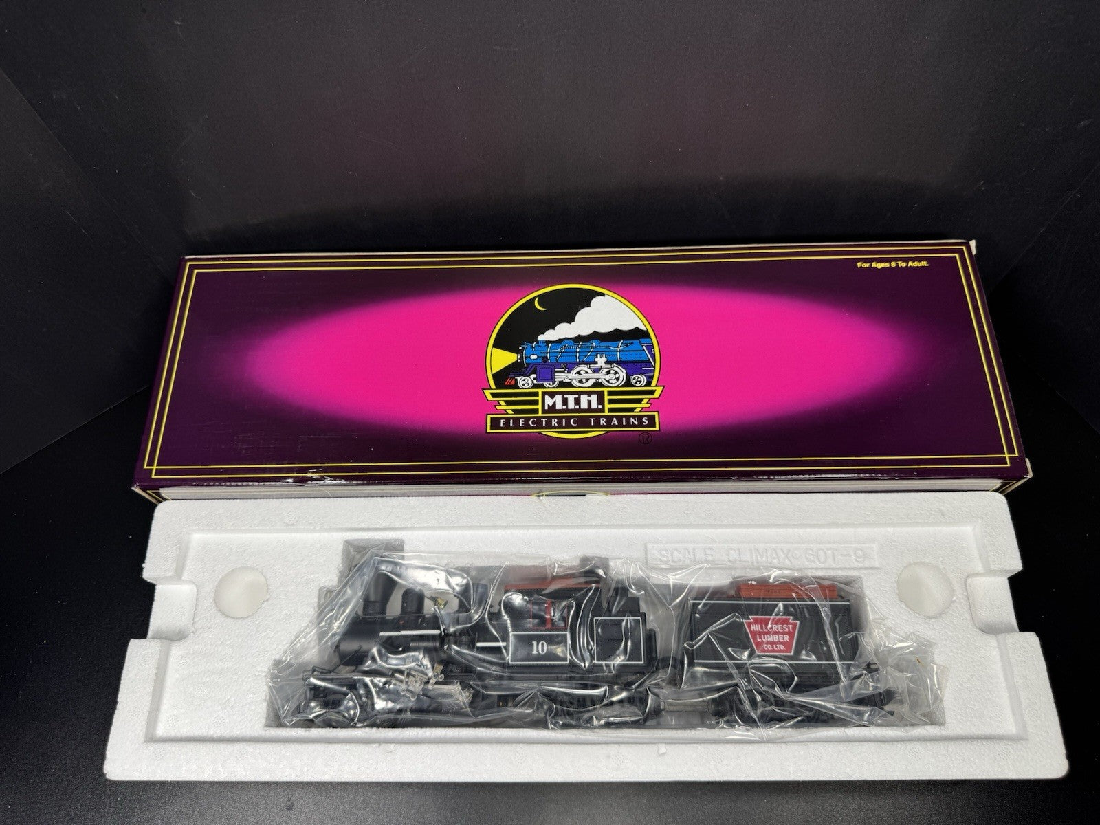 MTH 20-3039-1 HIllcrest Lumber Clmax logging steam engine #10 PS2 BCR LNIB14