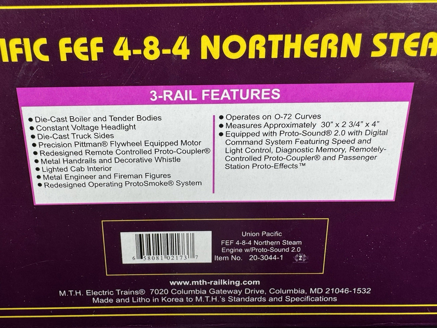 MTH 20-3044-1 Union Pacific UP FEF 4-8-4 Northern steam engine #844 PS2 BCR LNIB16
