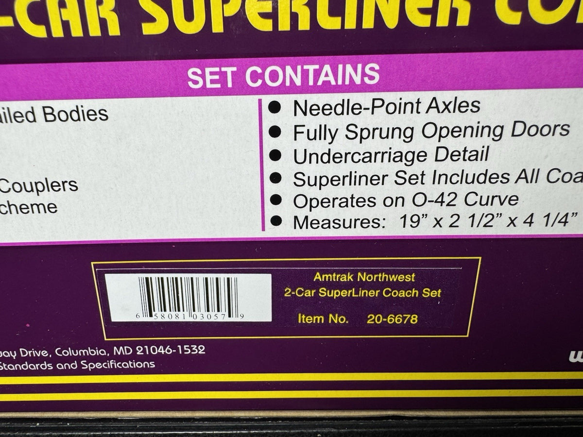 MTH 20-6678 Amtrak Northwest Cascades SuperLiner coach 2-car set NIB8