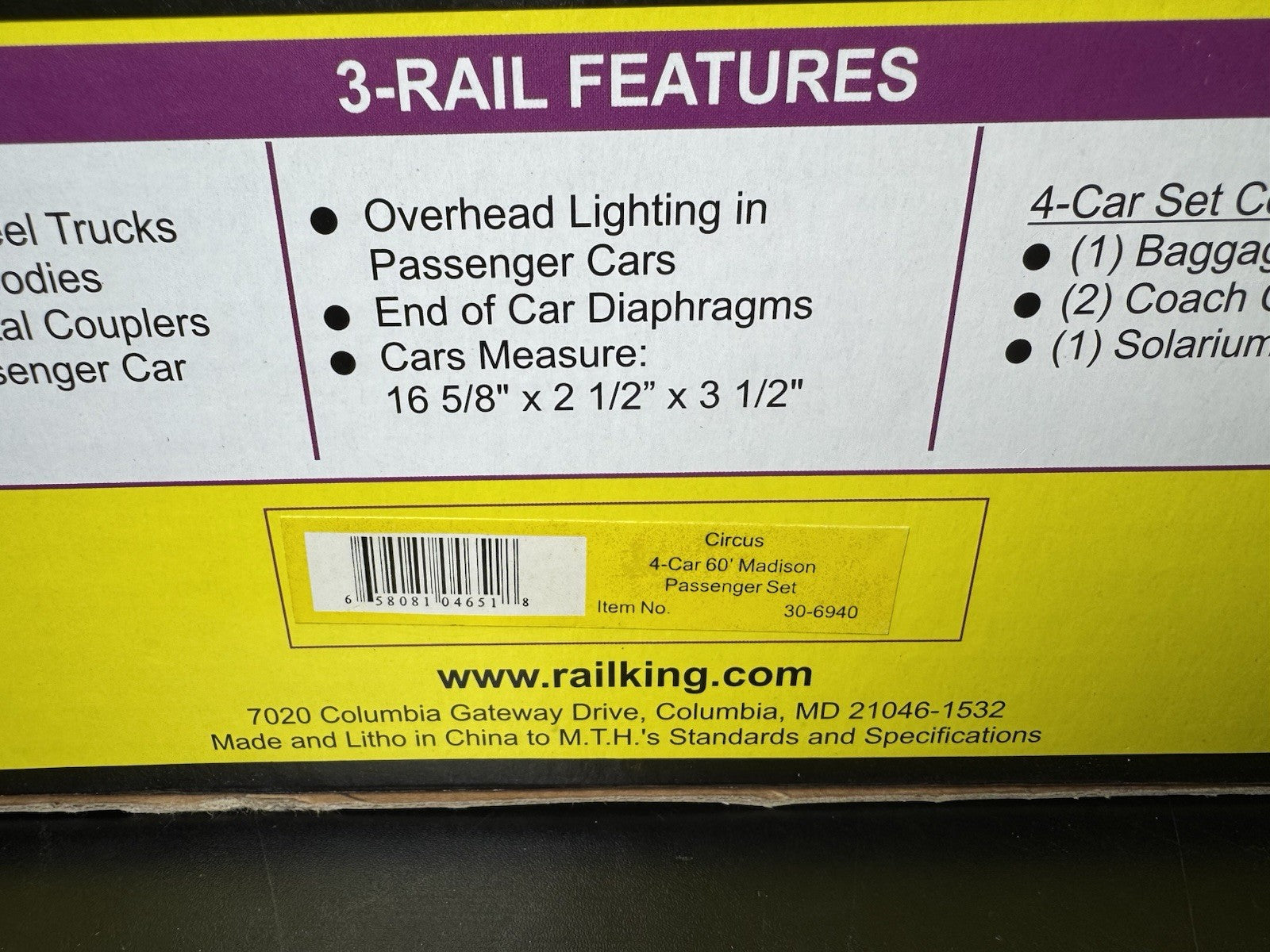 MTH RailKing 30-6940 Circus 60' Madison passenger 4-car set LNIB8