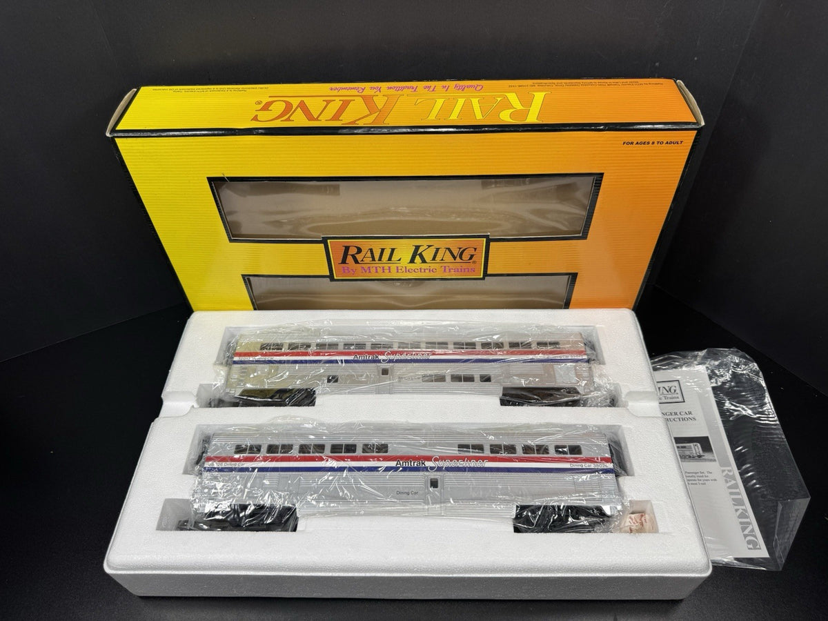 MTH RailKing 30-6501 Amtrak Superliner sleeper diner 2-pack #32013 #38026 LNIB0
