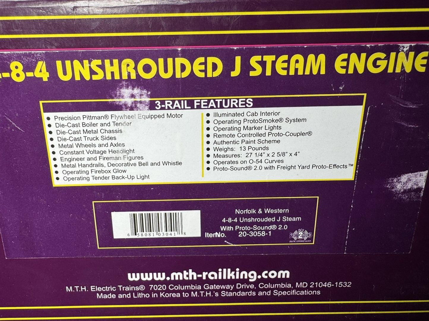 MTH 20-3058-1 Norfolk & Western N&W Unshrouded J 4-8-4 steam engine #605 PS2 EX19