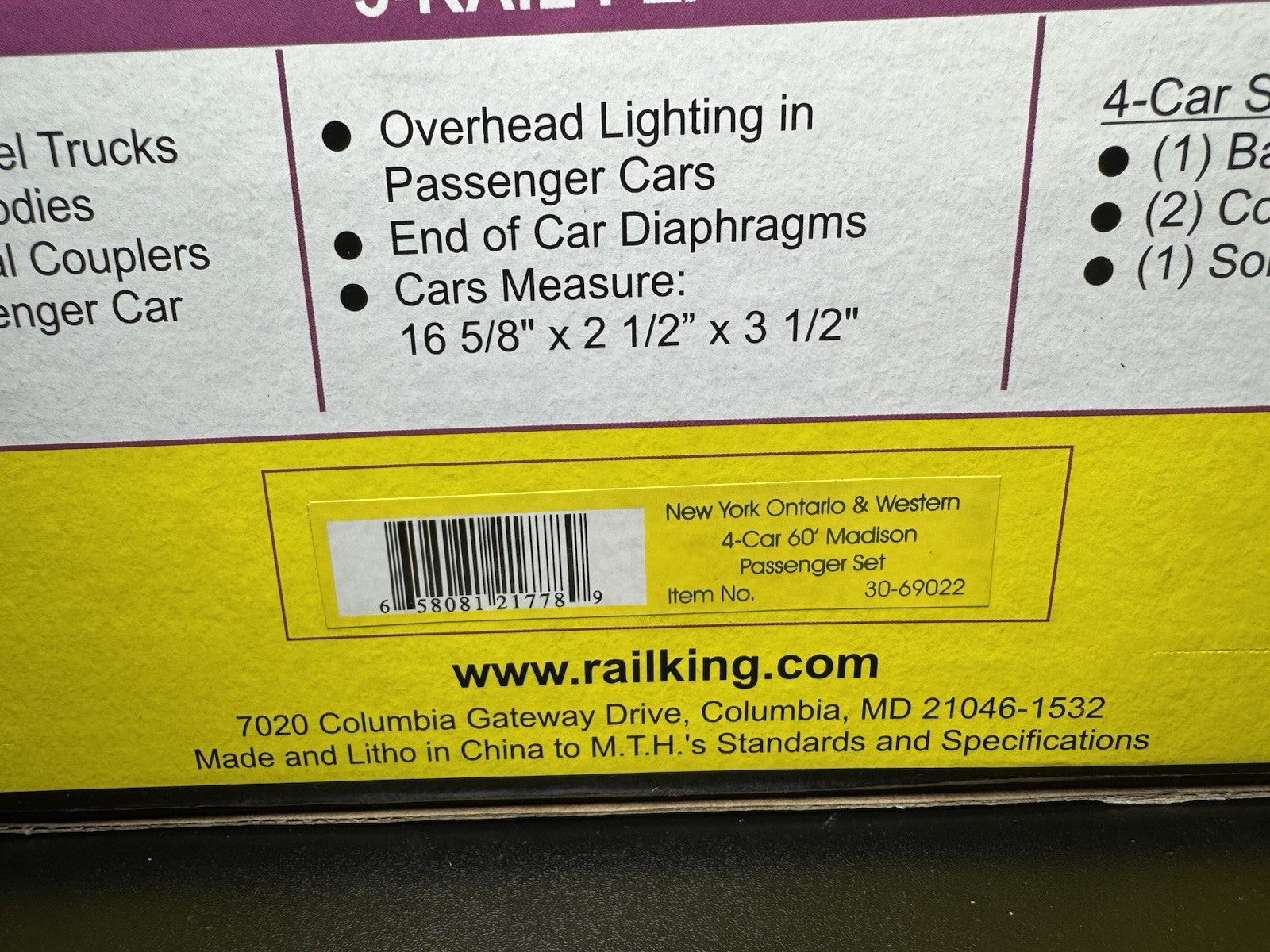 MTH RailKing 30-69022 NY Ontario & Western 60' Madison passenger 4-car set LNIB8