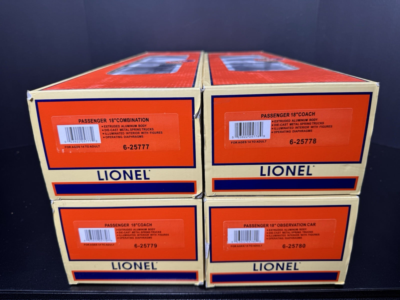 Lionel 6-25777 thru 6-25780 N&W Pocohantas 18" aluminum passenger 4-car set LNIB14