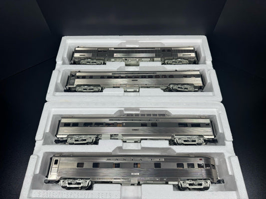 MTH 20-64115 Santa Fe plated 70' streamlined ribbed-sided passenger 4-car set EX0