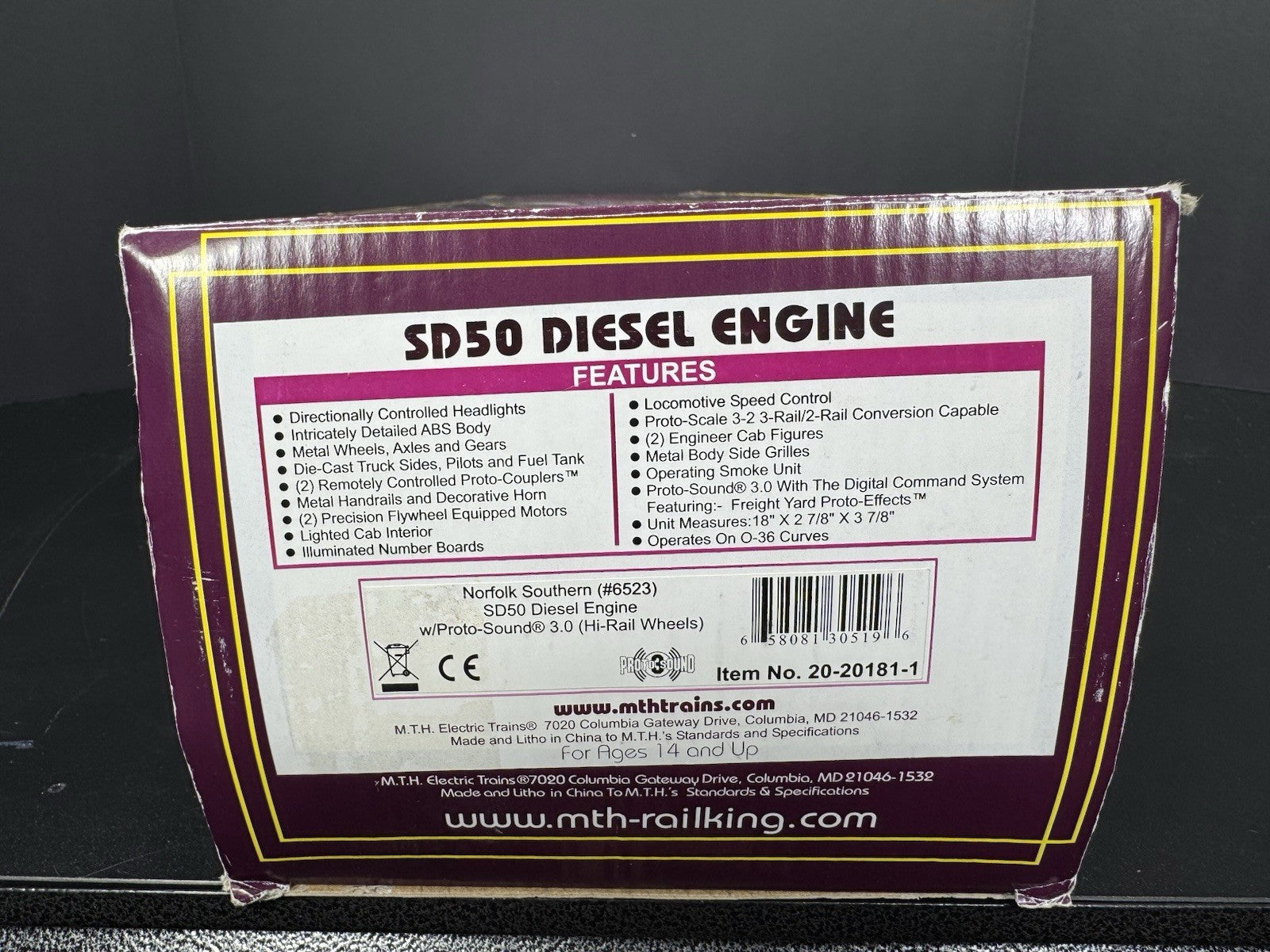 MTH 20-20181-1 Norfolk Southern NS SD50 diesel engine #6523 PS3 LNIB15