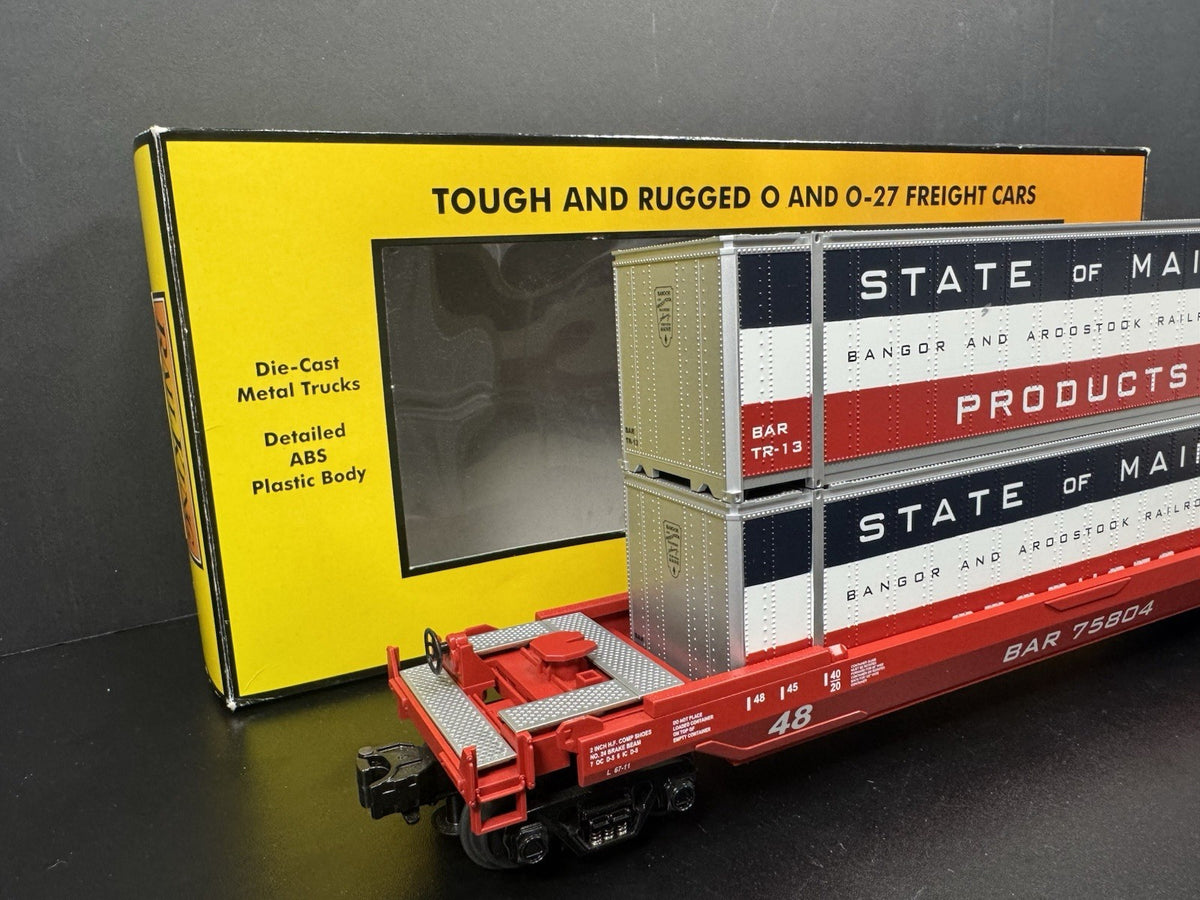MTH RailKing 30-76135 BAR State of Maine husky stack car w containers LNIB4