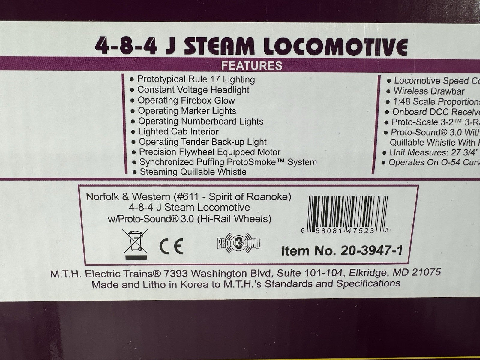 MTH 20-3947-1 Norfolk & Western N&W 4-8-4 J-class steam engine #611 PS3 LNIB17