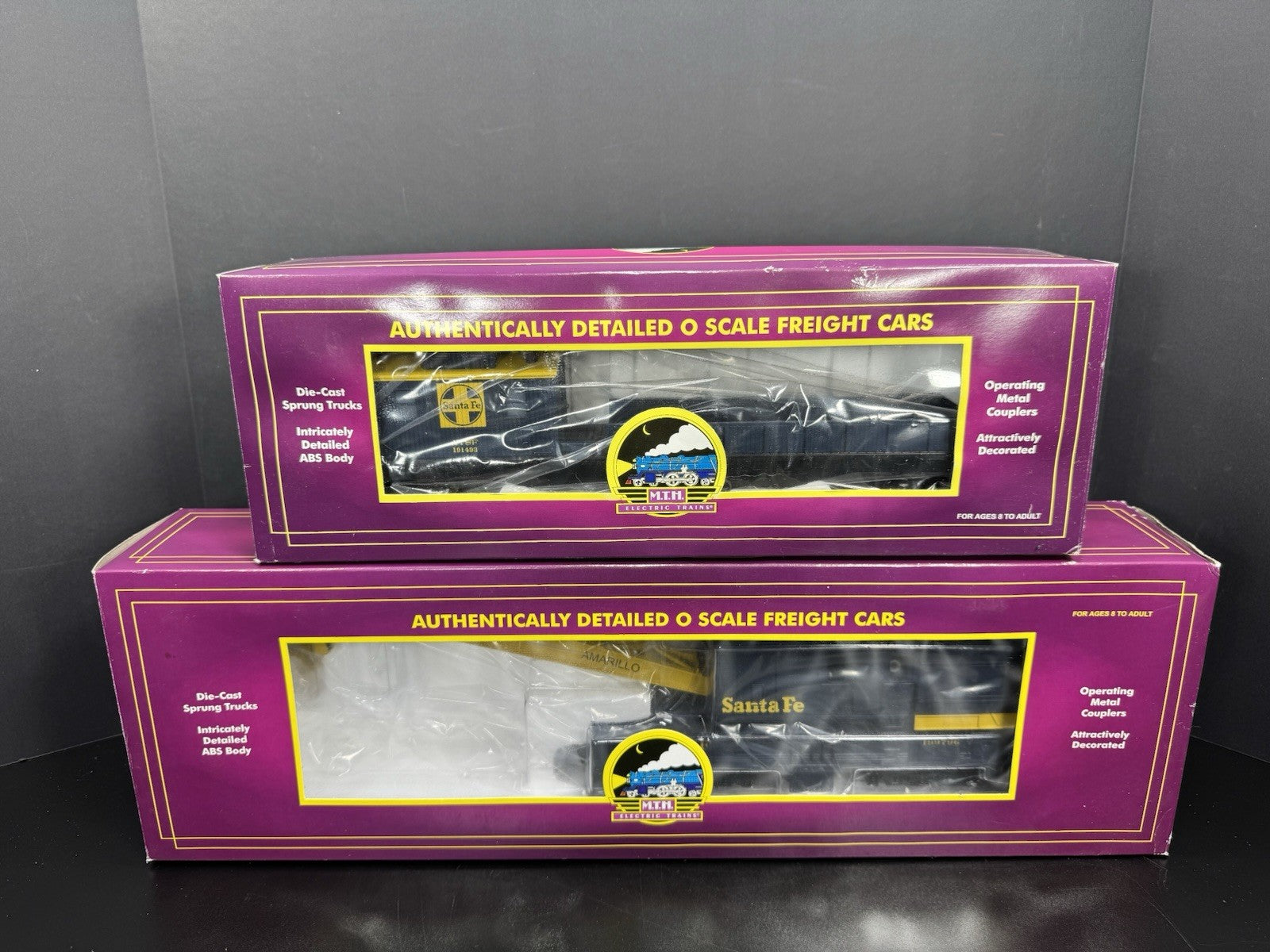 MTH 2098237 2098239 Santa Fe SF operating crane & boom tender set LNIB13