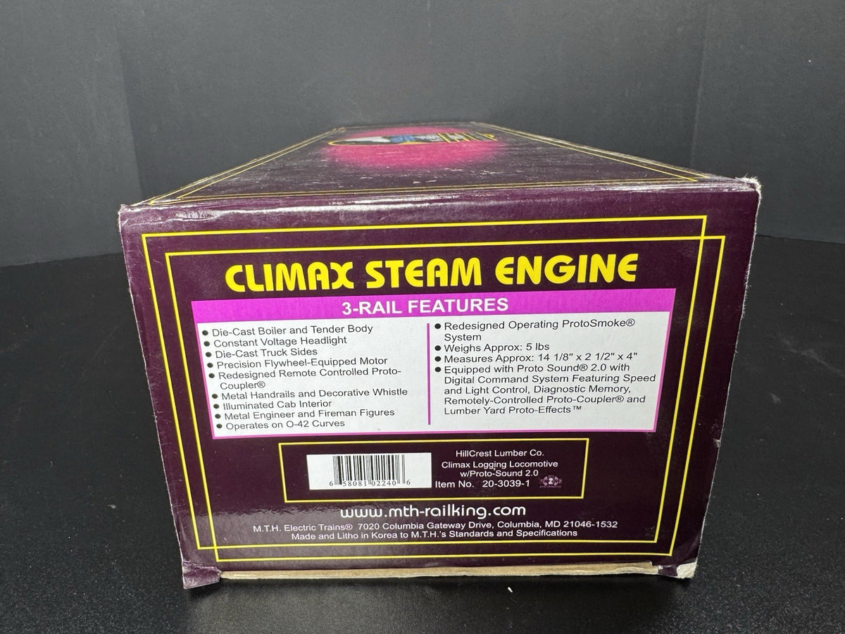 MTH 20-3039-1 Hillcrest Lumber Clmax logging steam engine #10 PS2 BCR LNIB16