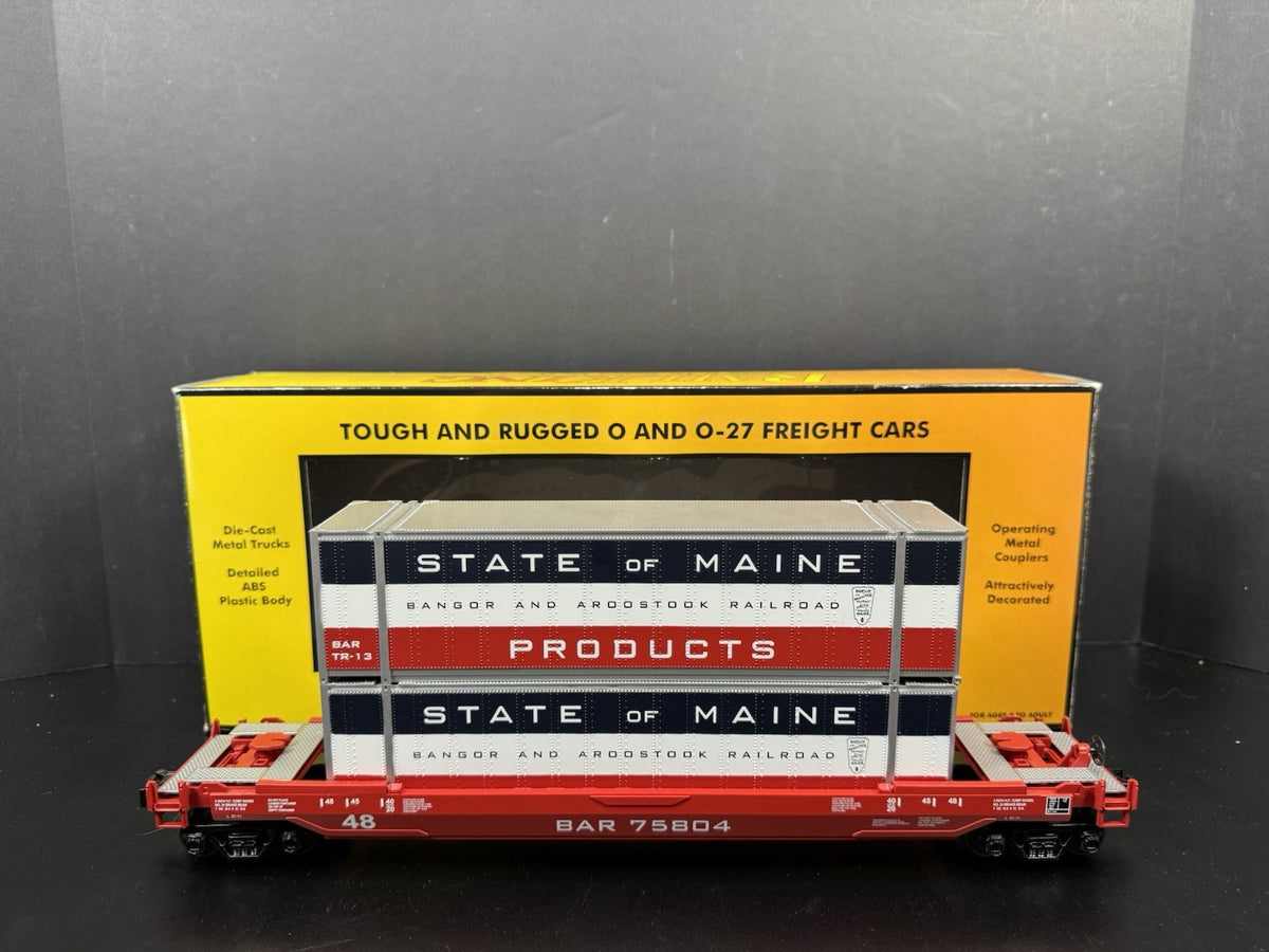 MTH RailKing 30-76135 BAR State of Maine husky stack car w containers LNIB0