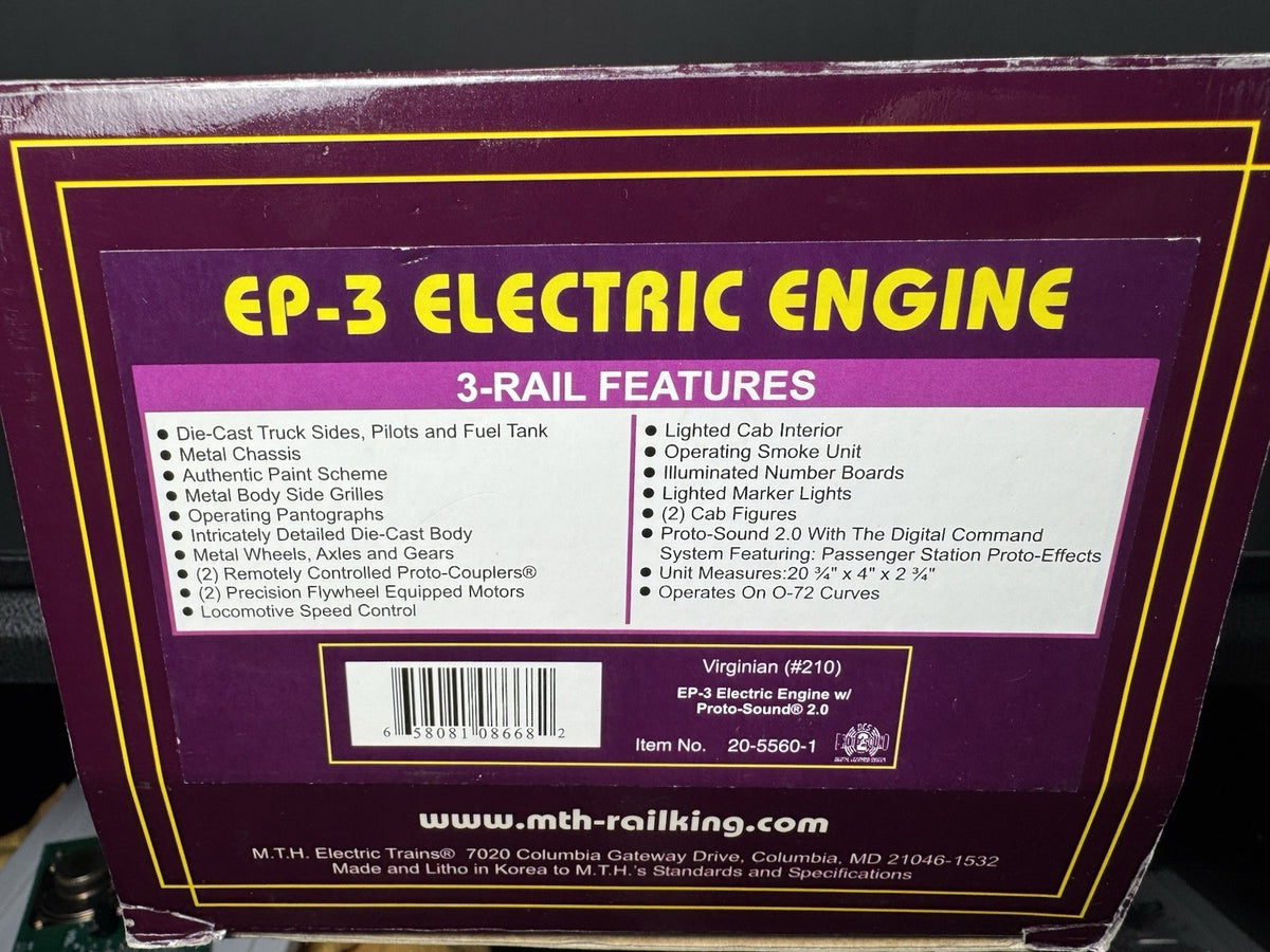 MTH Premier 20-5560-1 Virginian EP-3 electric engine #210 PS2 BCR NIB NOS16