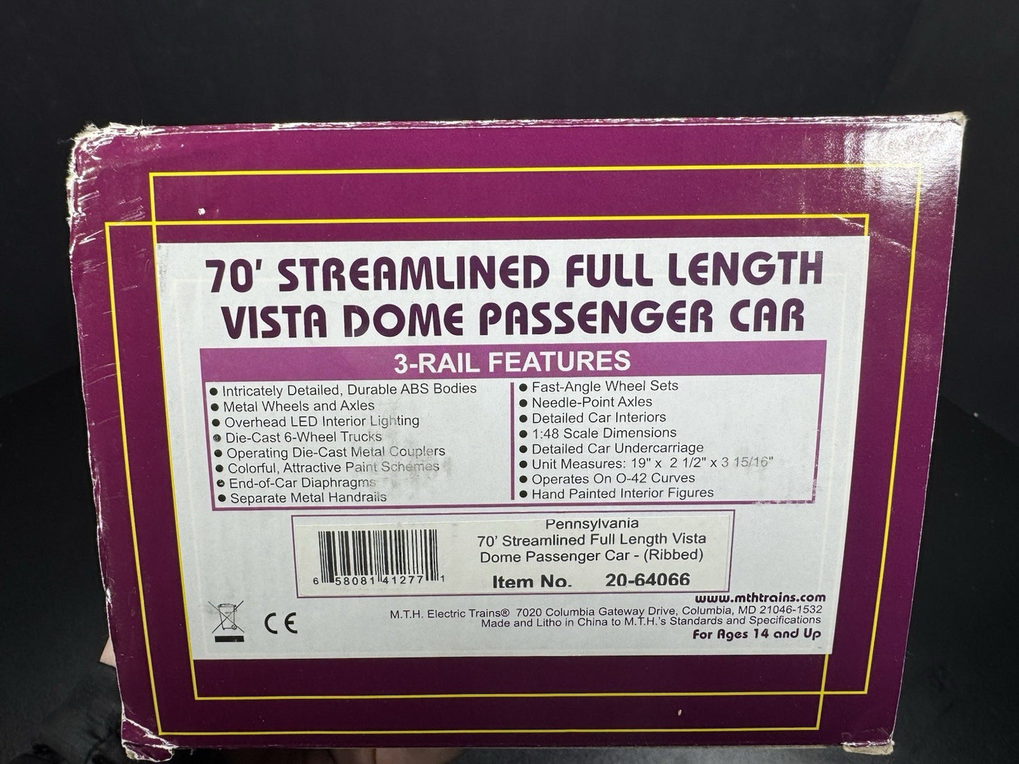 MTH 20-64066 Pennsylvania PRR 70' full vista dome passenger car LNIB13