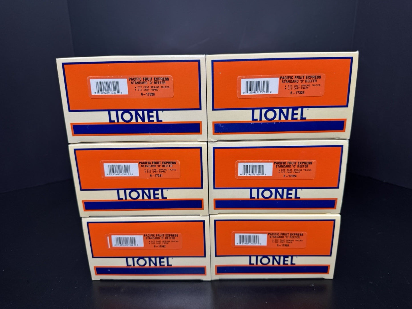 Lionel 6-17319 Pacific Fruit Express PFE orange reefer car 6-pack LNIB12