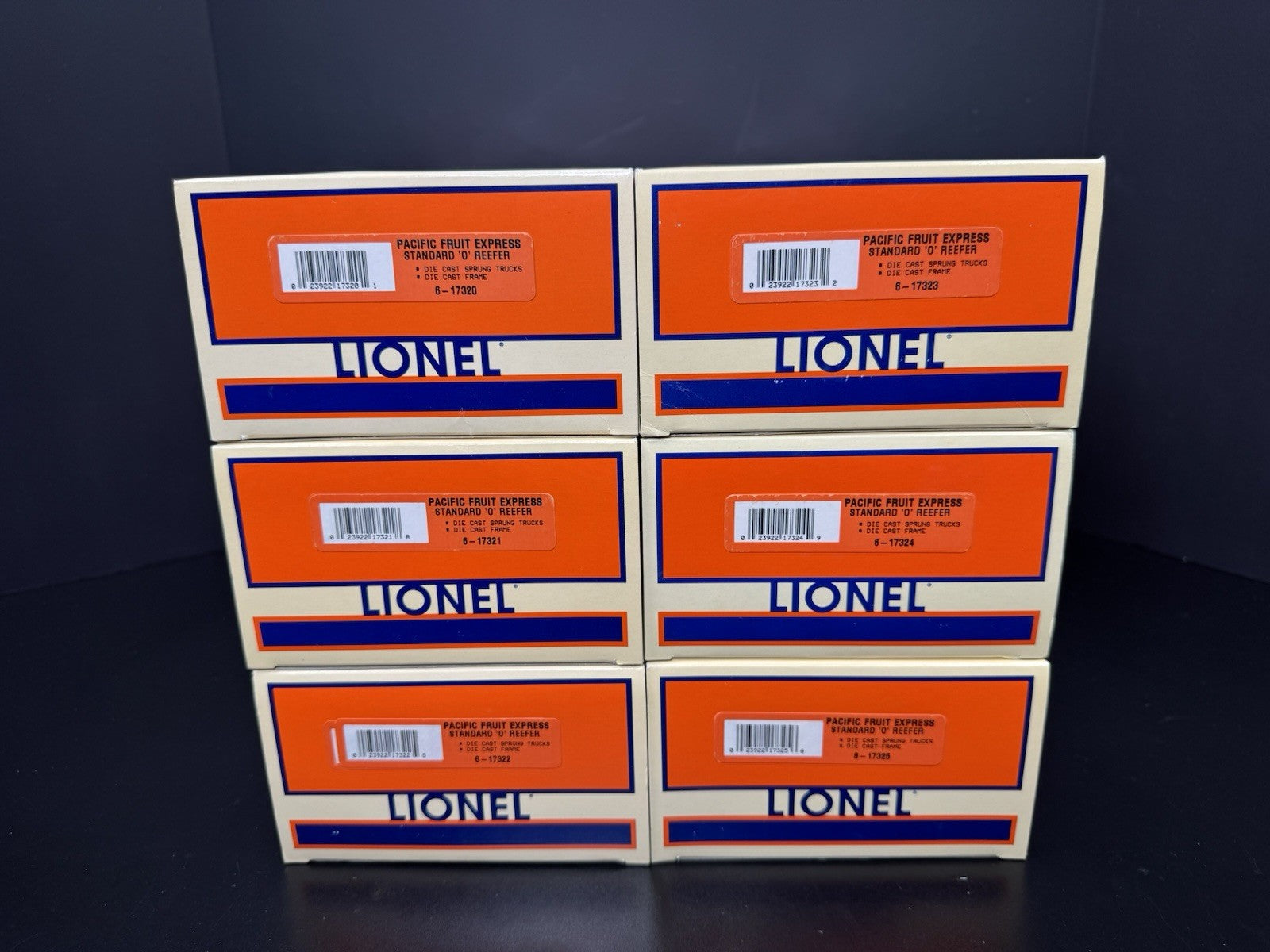 Lionel 6-17319 Pacific Fruit Express PFE orange reefer car 6-pack LNIB12