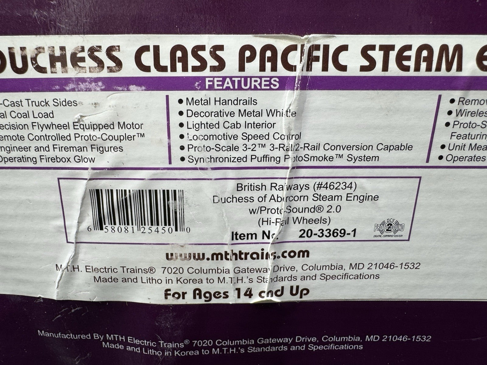 MTH 20-3369-1 British Railways 4-6-2 Duchess of Abercorn steam engine PS3 LNIB16