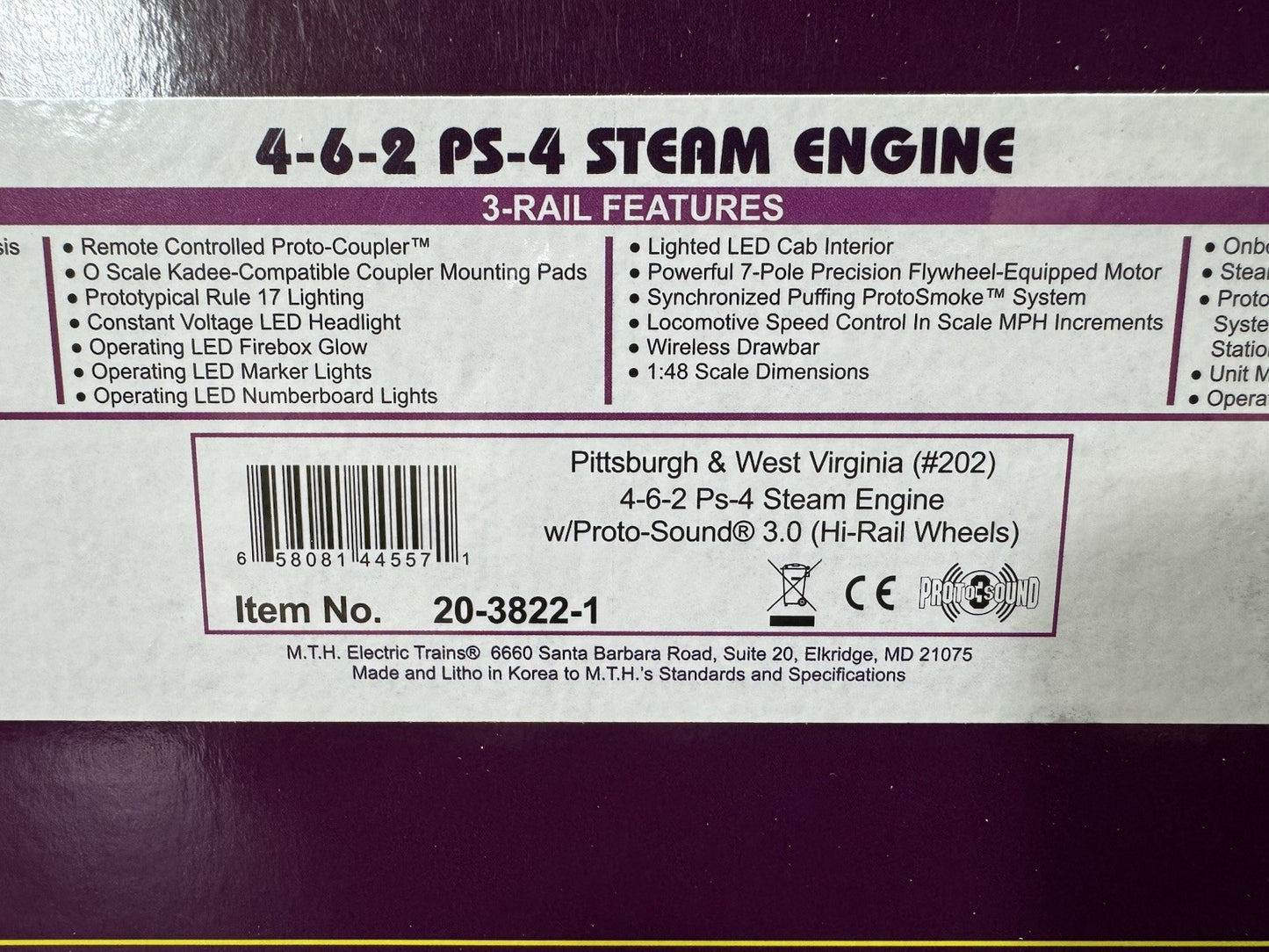MTH 20-3822-1 Pittsburgh P&WV 4-6-2 Ps-4 steam engine #202 PS3 LNIB16