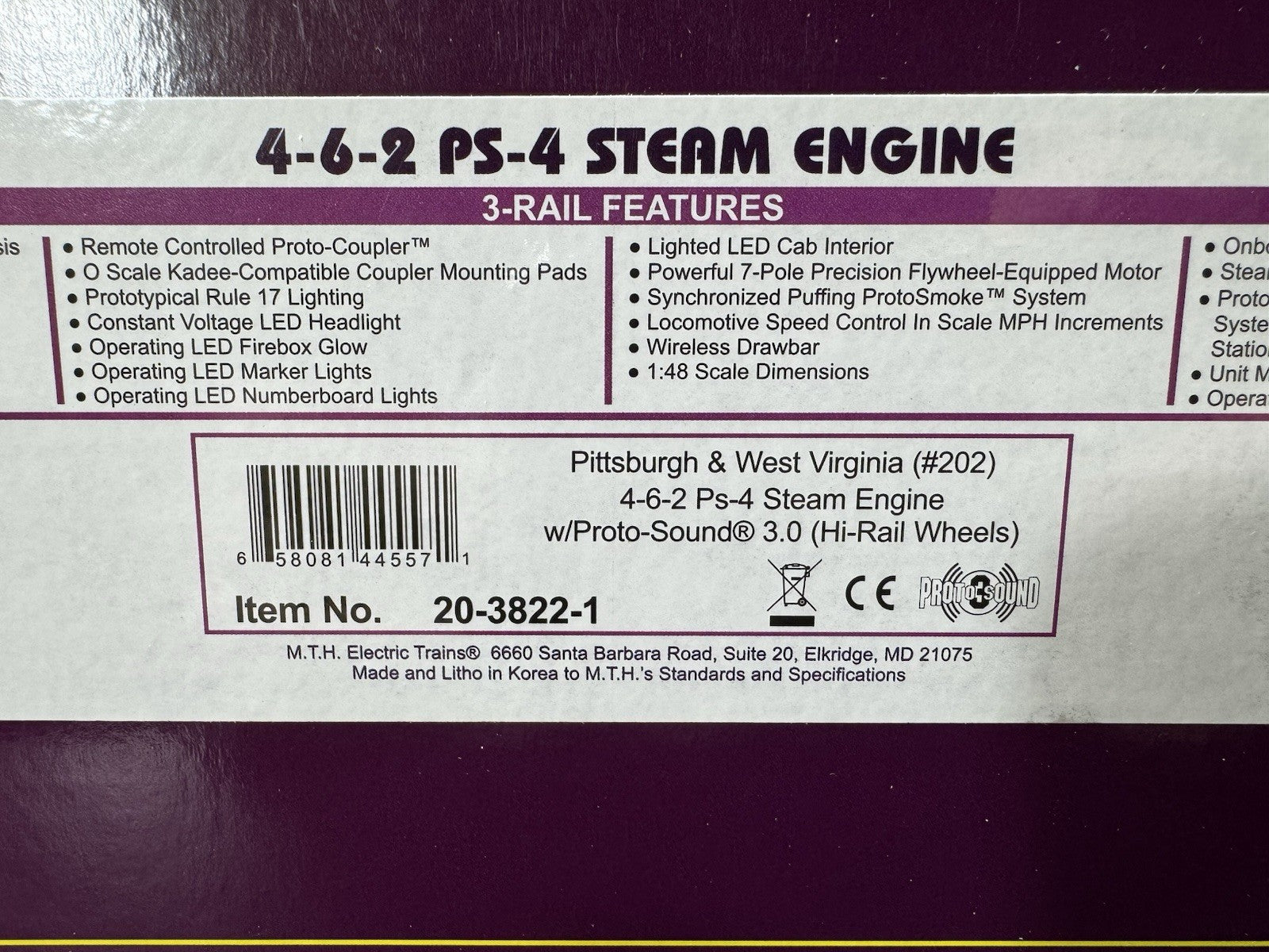 MTH 20-3822-1 Pittsburgh P&WV 4-6-2 Ps-4 steam engine #202 PS3 LNIB16