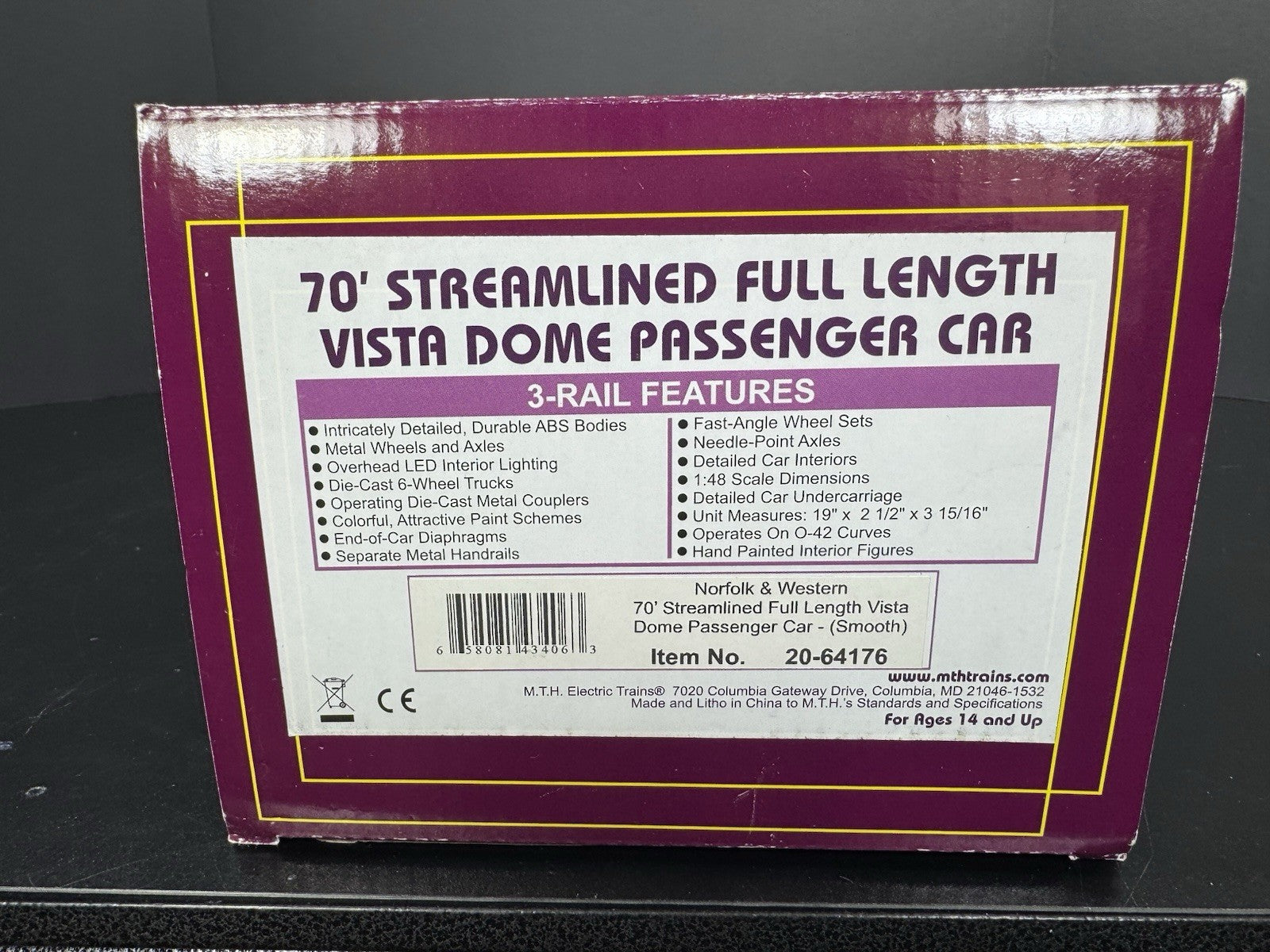MTH 20-64176 Norfolk & Western N&W 70' full-length vista dome passenger car LNIB15