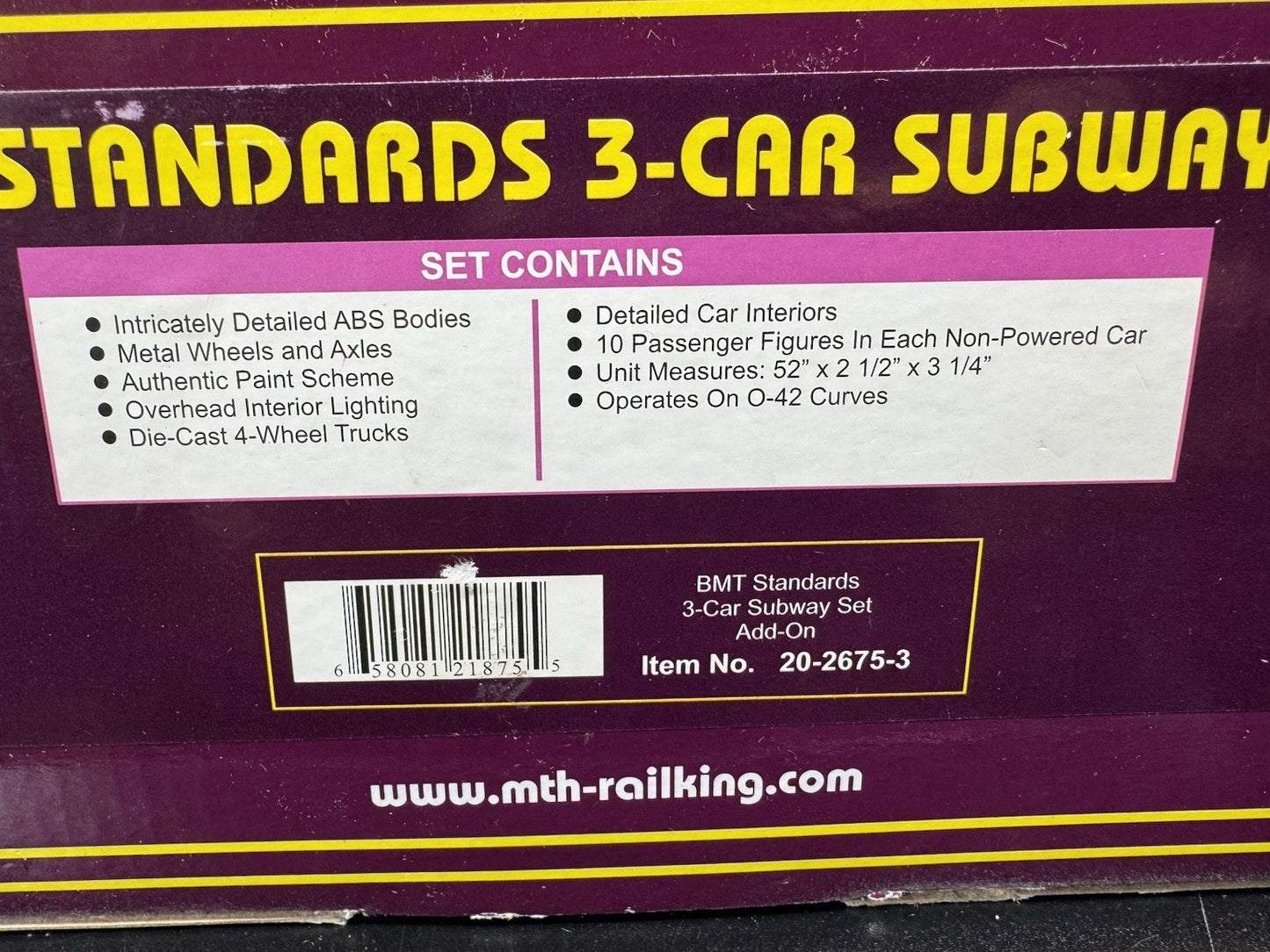 MTH 20-2675-3 BMT Standards subway nonpowered 3-car add-on set LNIB11