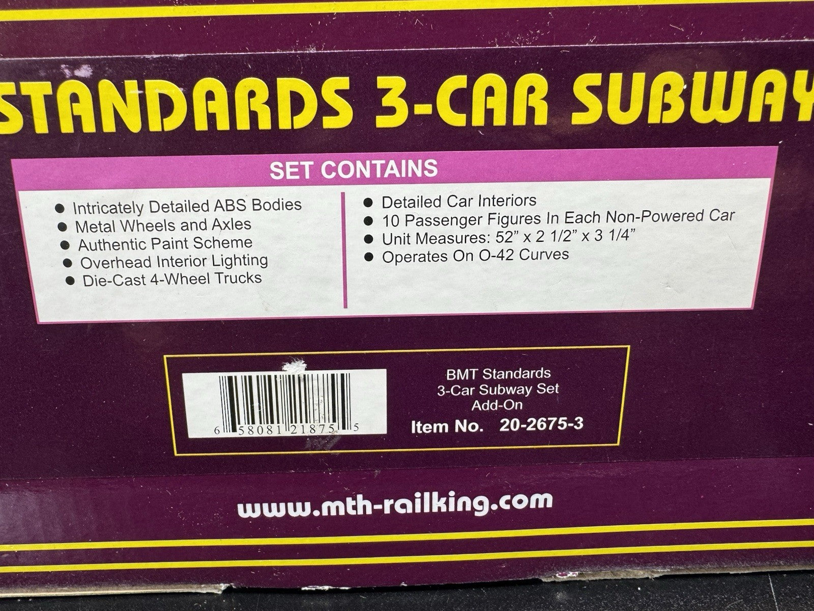 MTH 20-2675-3 BMT Standards subway nonpowered 3-car add-on set LNIB11