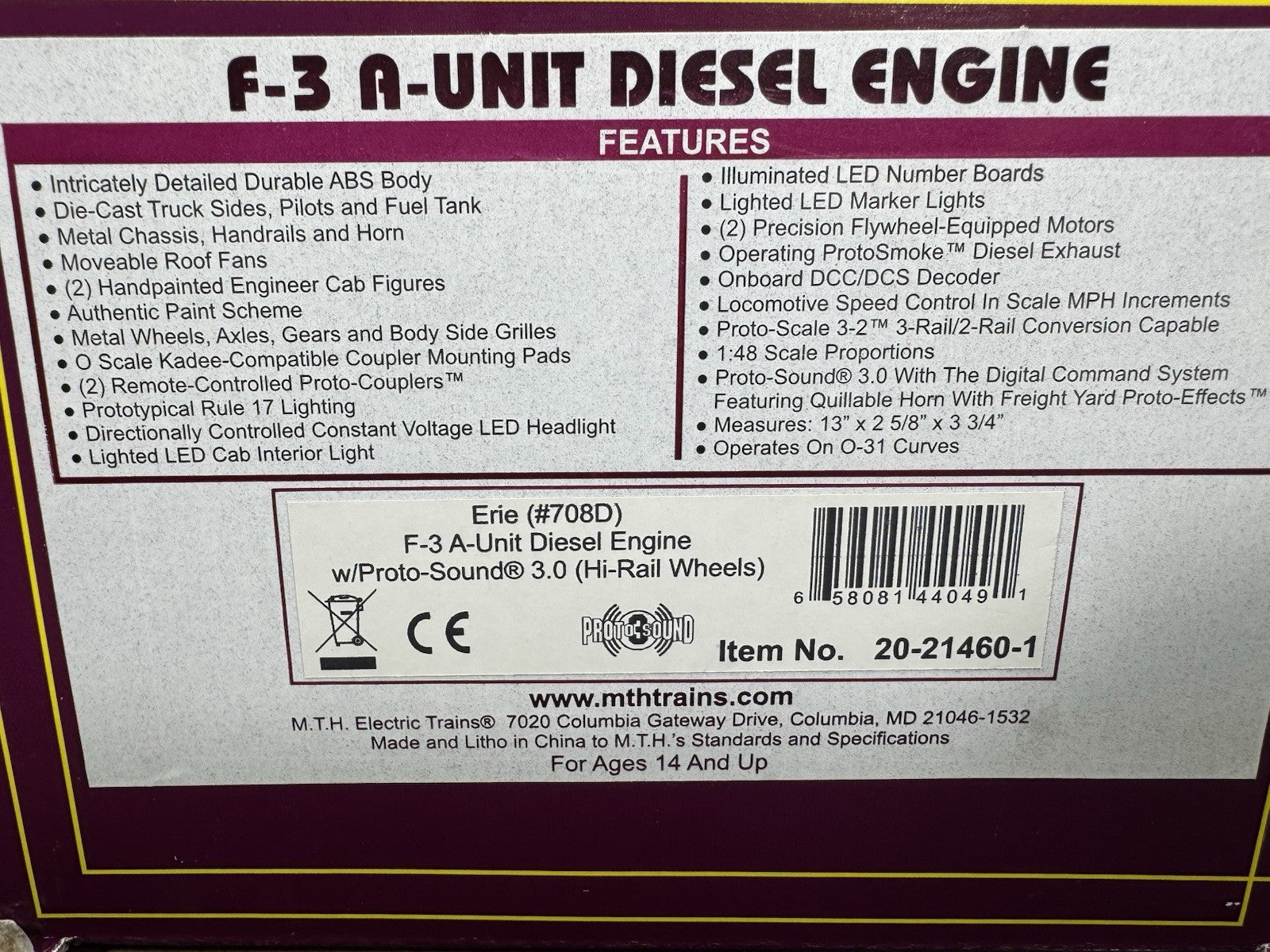 MTH 20-21459-1 & 20-21460-3 Erie F-3 diesel engine AB set #708 PS3 LNIB14