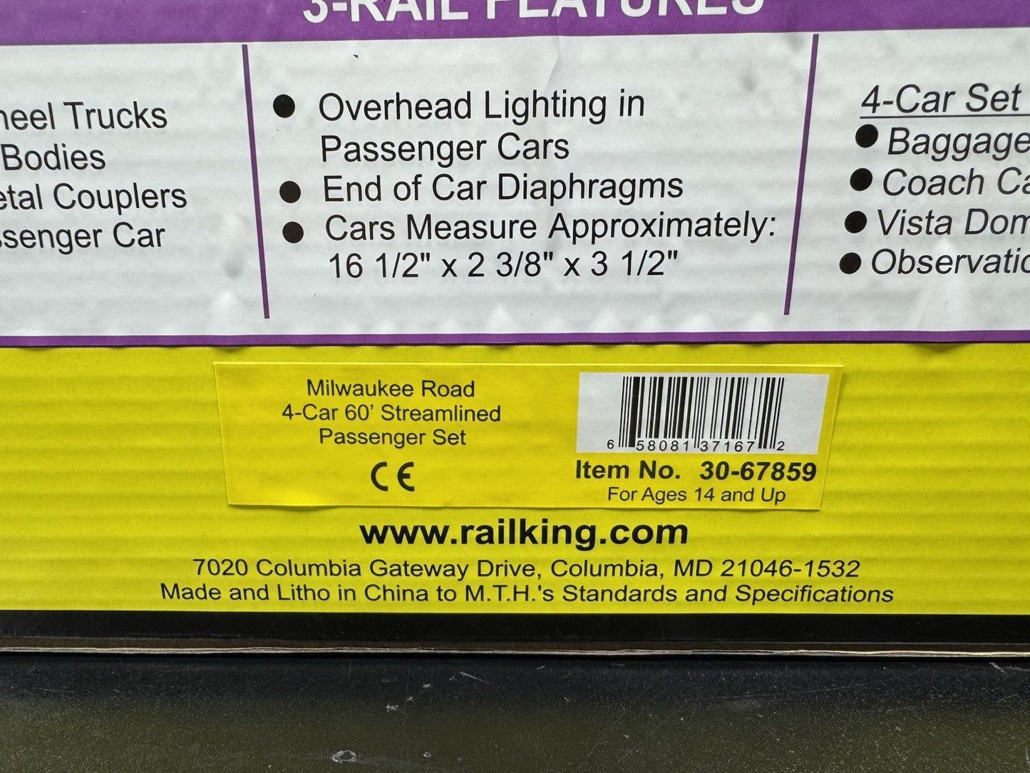 MTH RailKing 30-67859 Milwaukee Road 60’ streamlined passenger 4-car set LNIB9